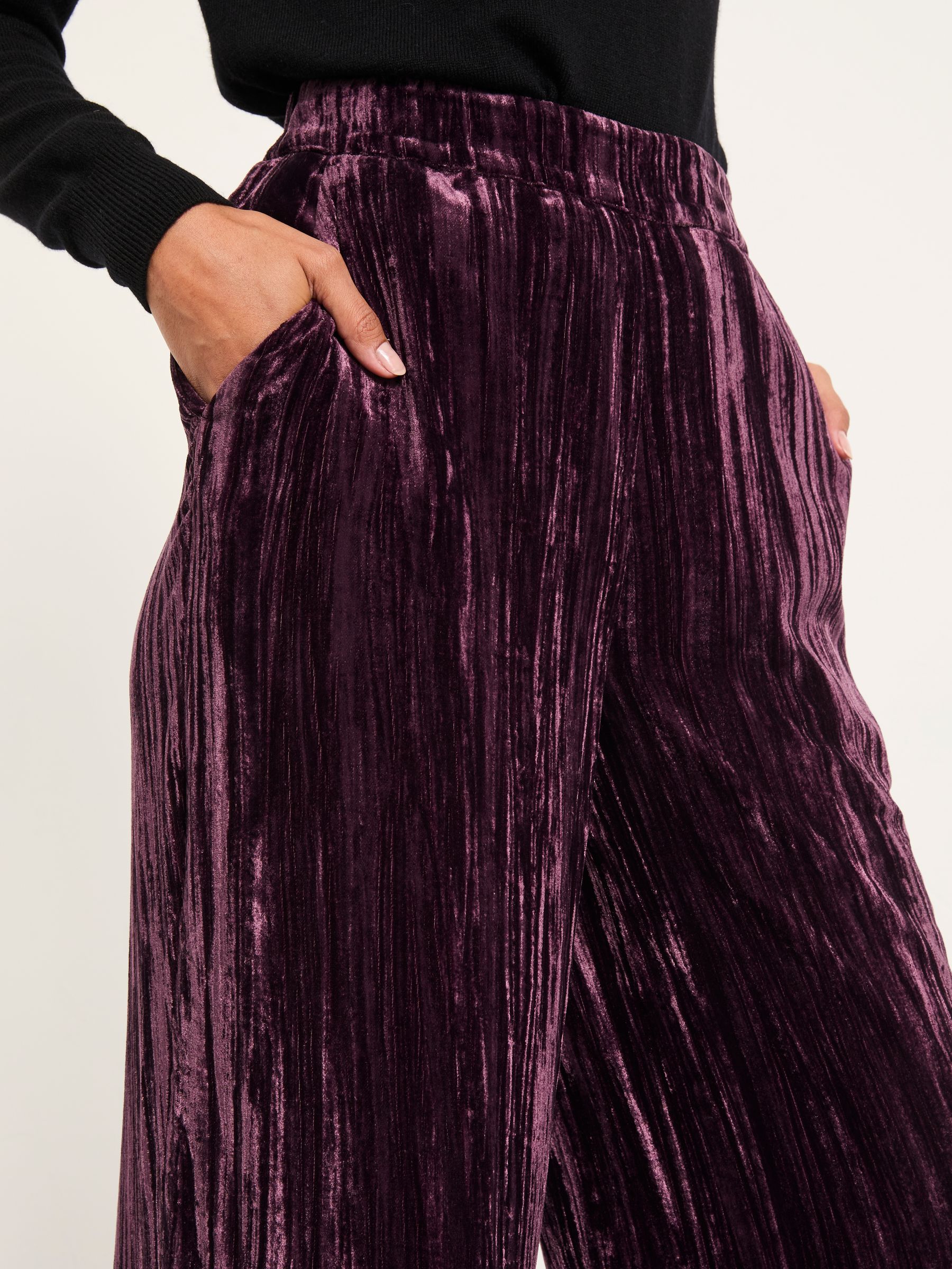Hetty Burgundy Red Wide Leg Crinkle Velvet Trousers - Image 4 of 6