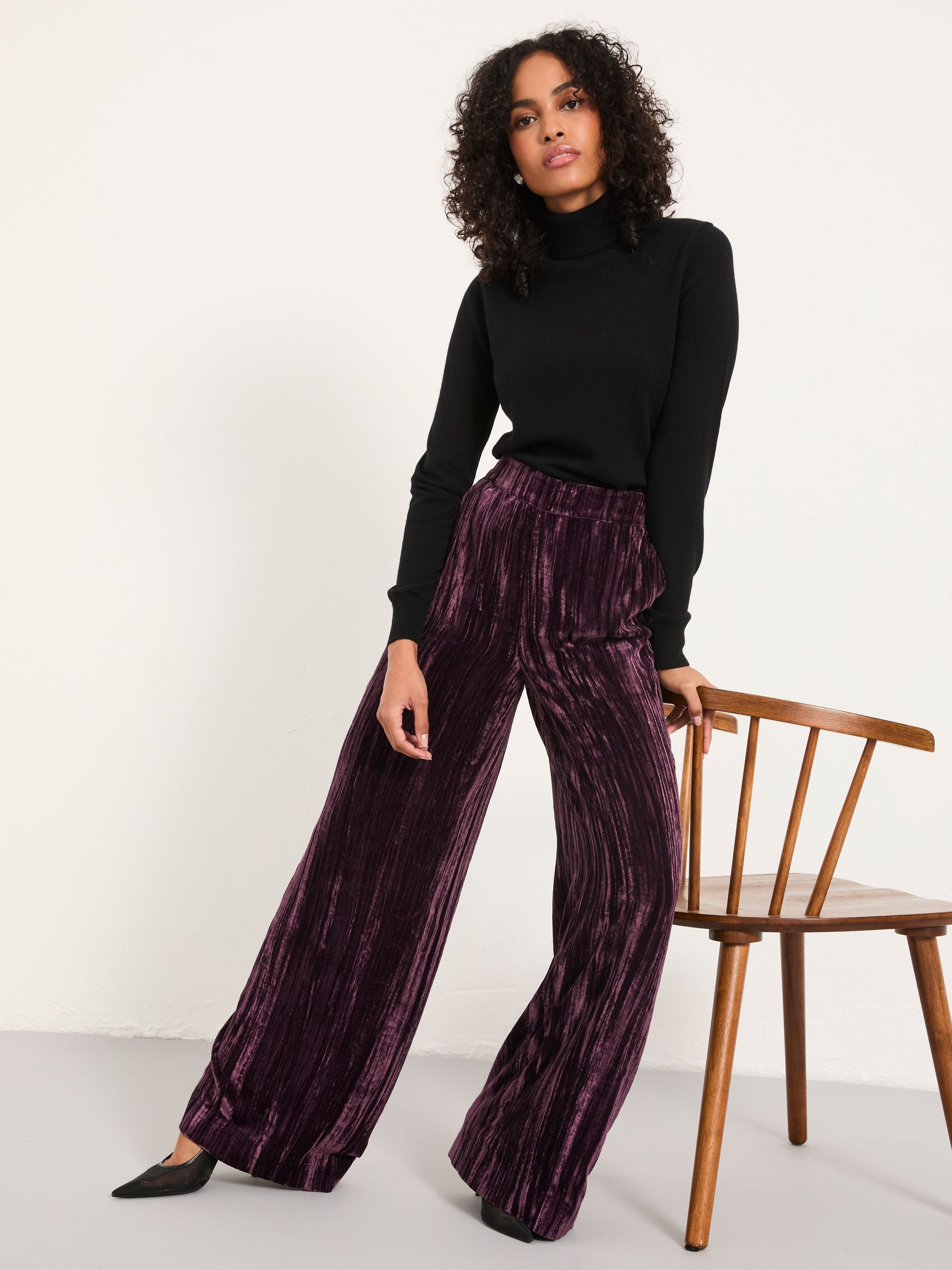 Hetty Burgundy Red Wide Leg Crinkle Velvet Trousers - Image 5 of 6