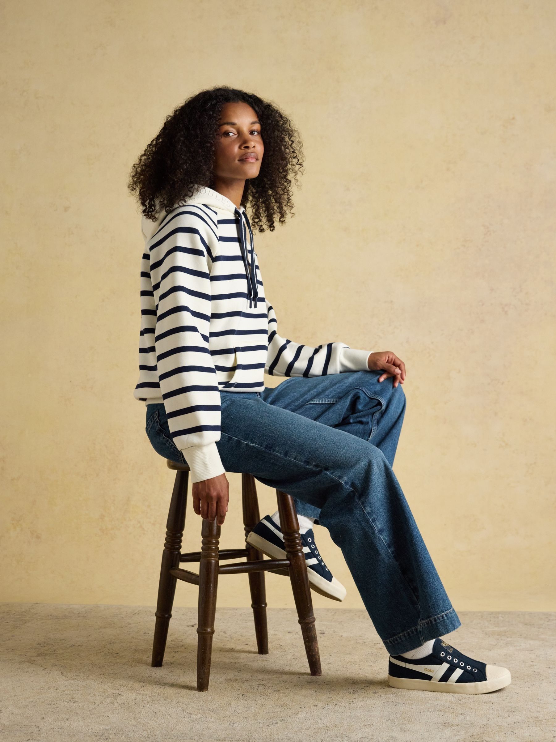 Cream & Navy Striped Cotton Blend Hoodie - Image 3 of 9