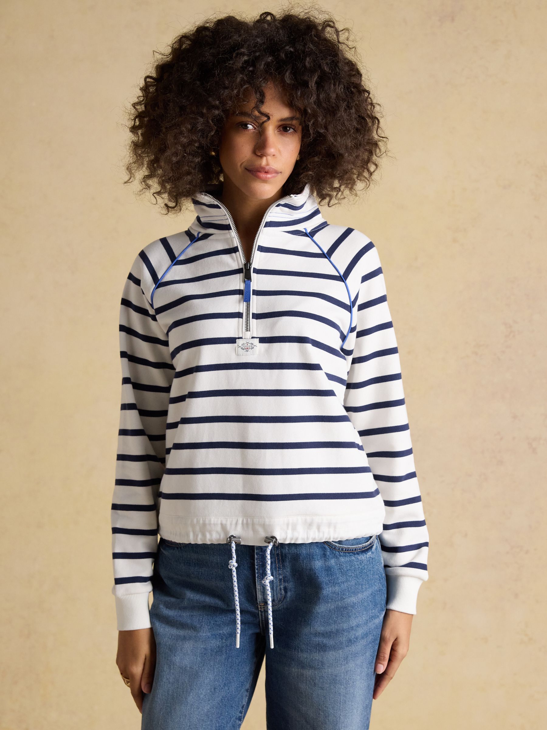 Cream & Navy Striped Quarter Zip Cotton Sweatshirt - Image 1 of 8