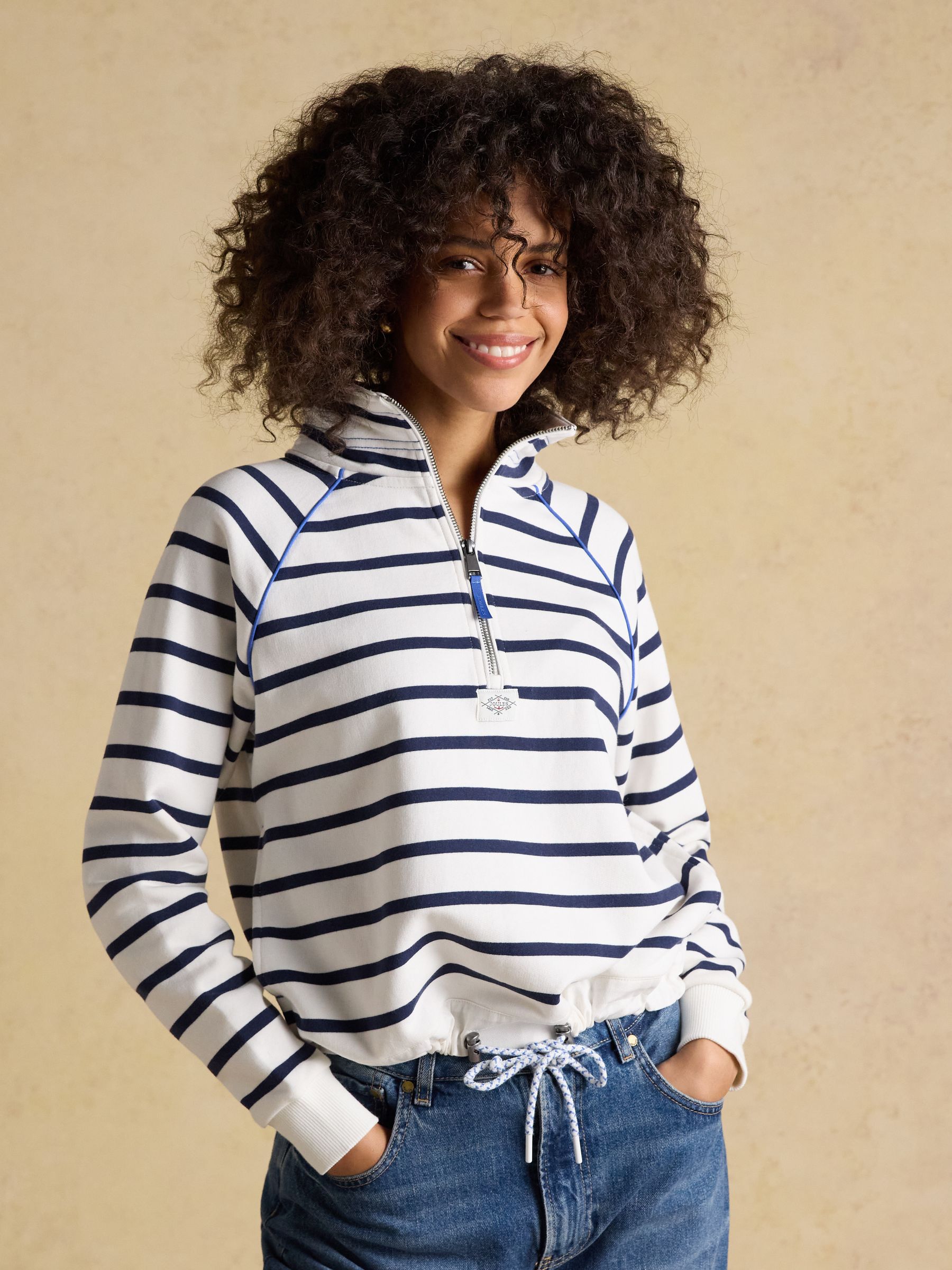 Cream & Navy Striped Quarter Zip Cotton Sweatshirt - Image 5 of 8