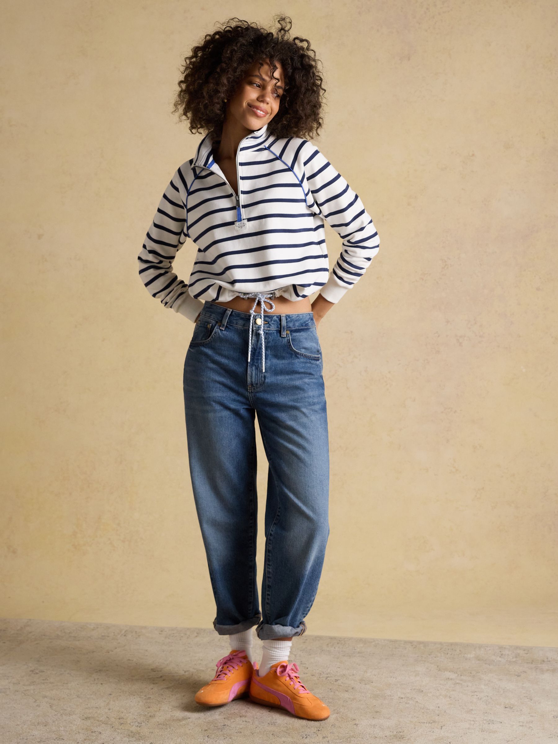 Cream & Navy Striped Quarter Zip Sweatshirt With Funnel Neck - Image 9 of 10