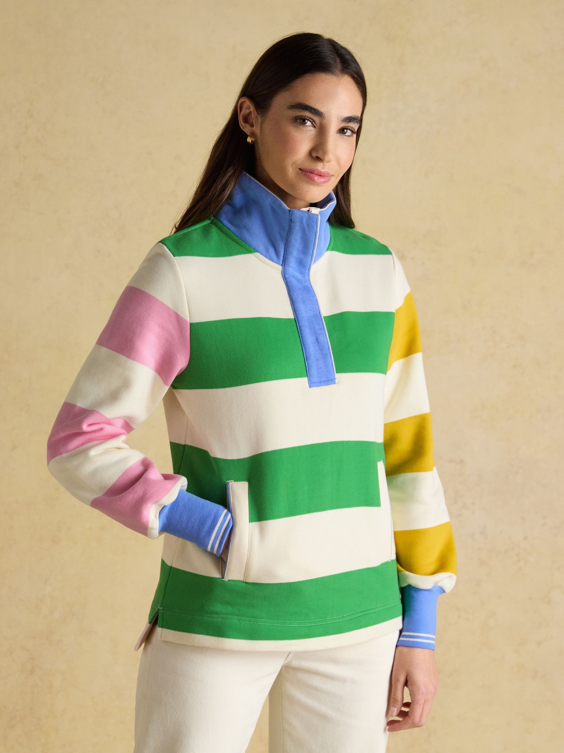 Hotchpotch Stripe Quarter Zip Funnel Neck Cotton Sweatshirt - Image 1 of 9