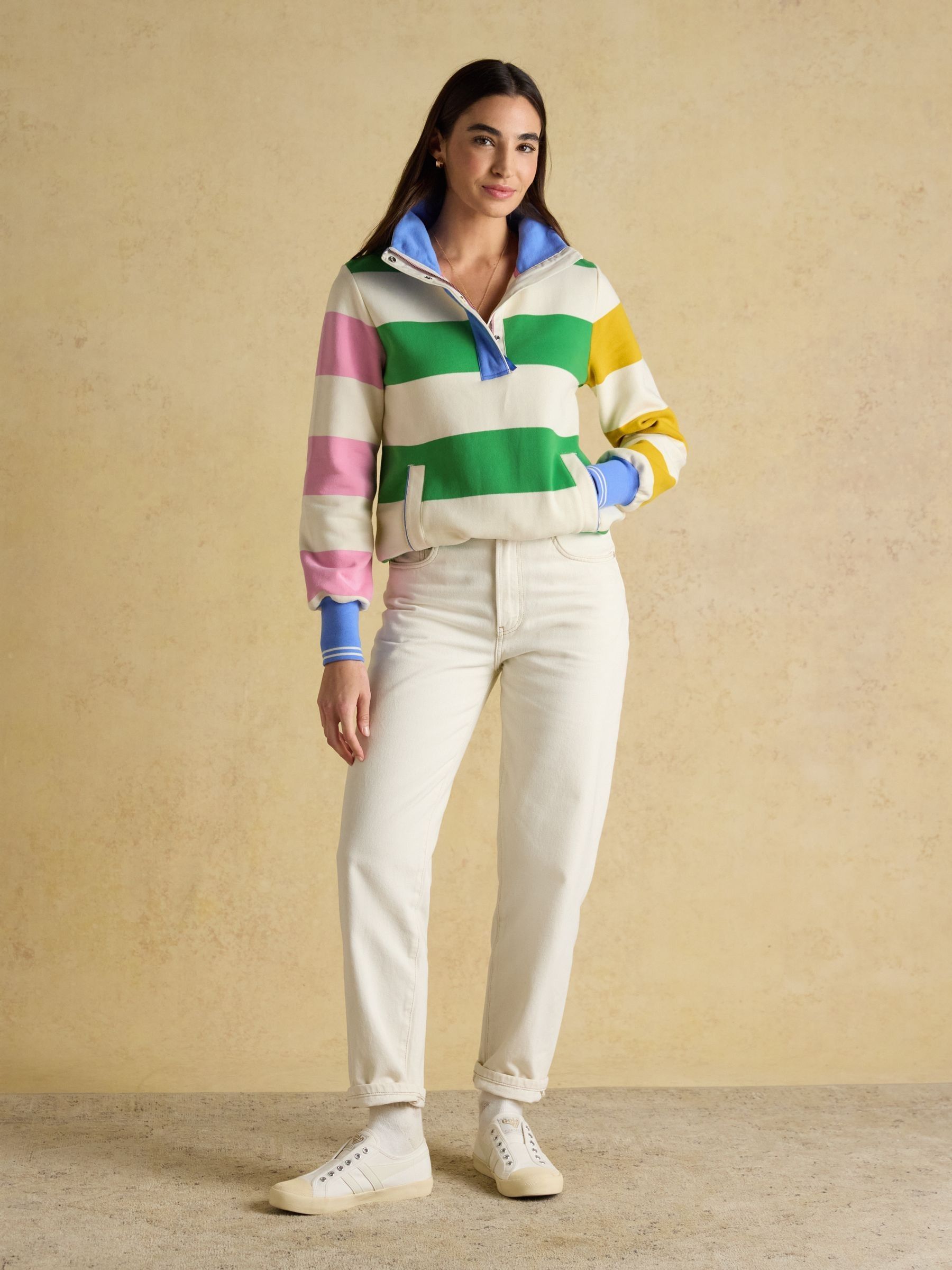 Hotchpotch Stripe Quarter Zip Funnel Neck Cotton Sweatshirt - Image 3 of 9