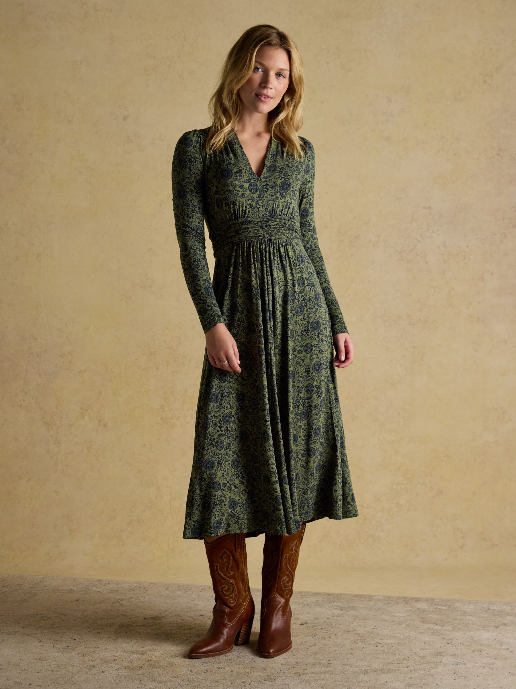 Mina Khaki Green Jersey Ruched Waist Long Sleeve V-Neck Midi Dress | Joules