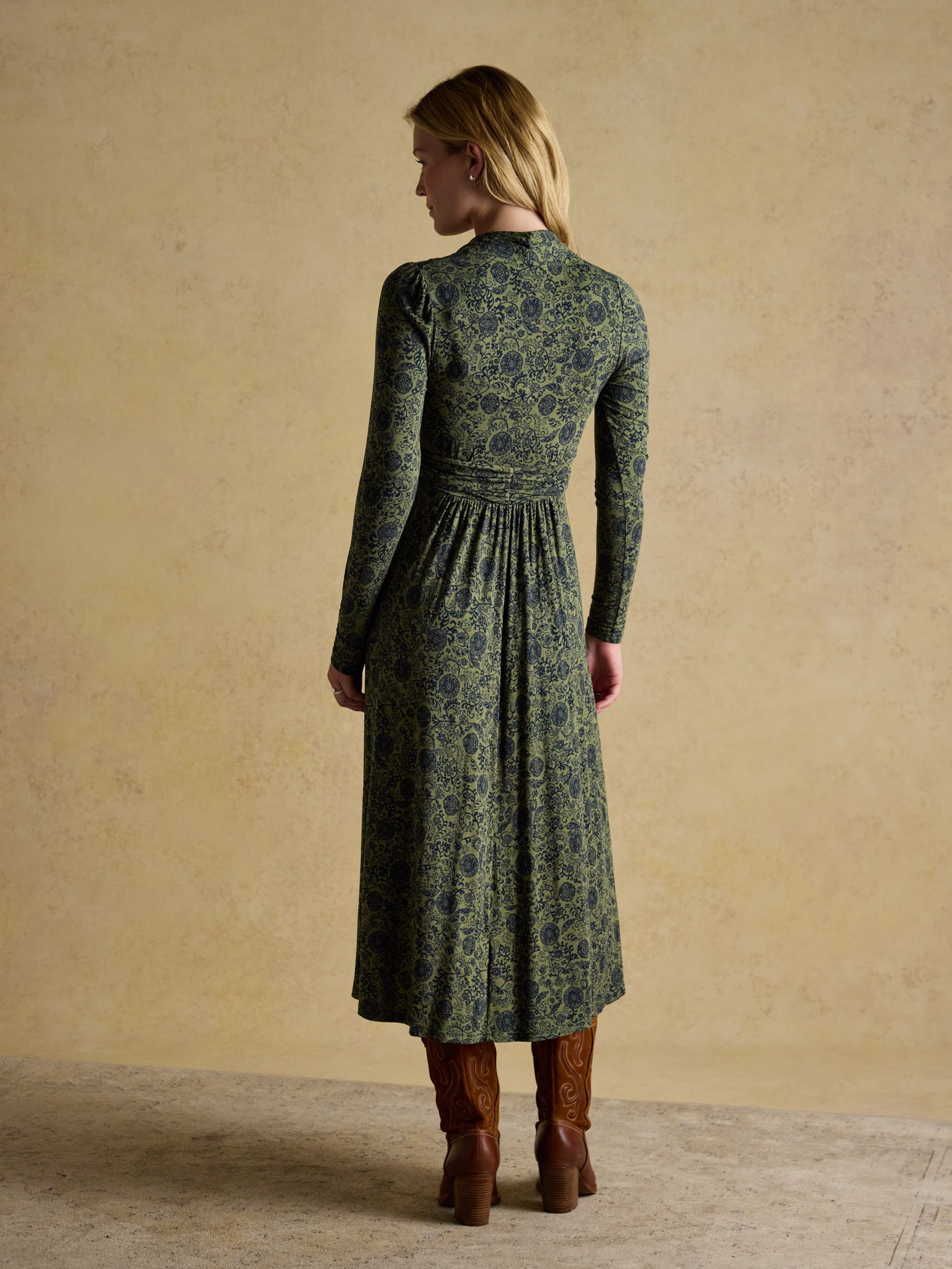 Mina Khaki Green Jersey Ruched Waist Long Sleeve V-Neck Midi Dress - Image 2 of 7