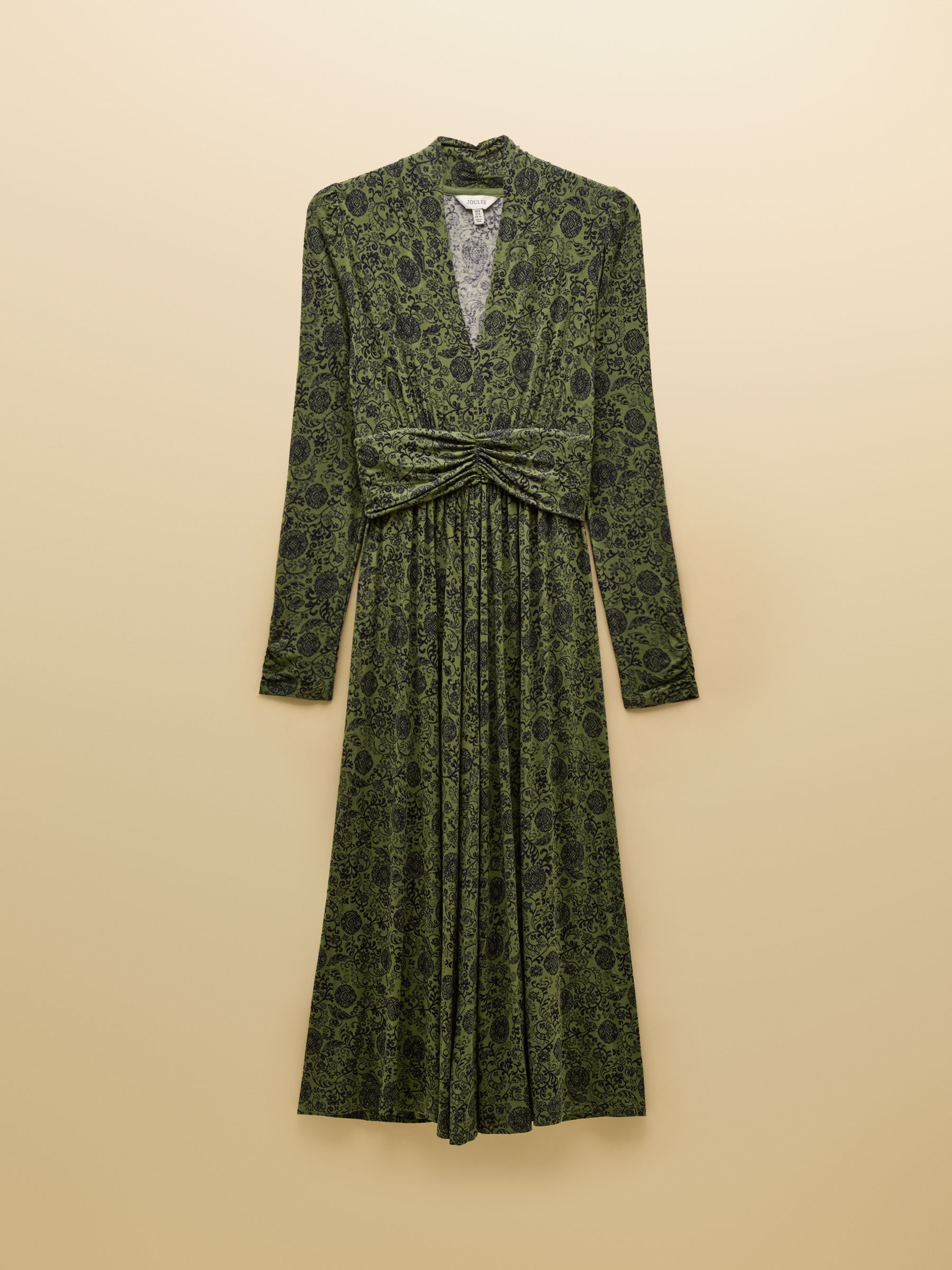 Mina Khaki Green Jersey Ruched Waist Long Sleeve V-Neck Midi Dress | Joules