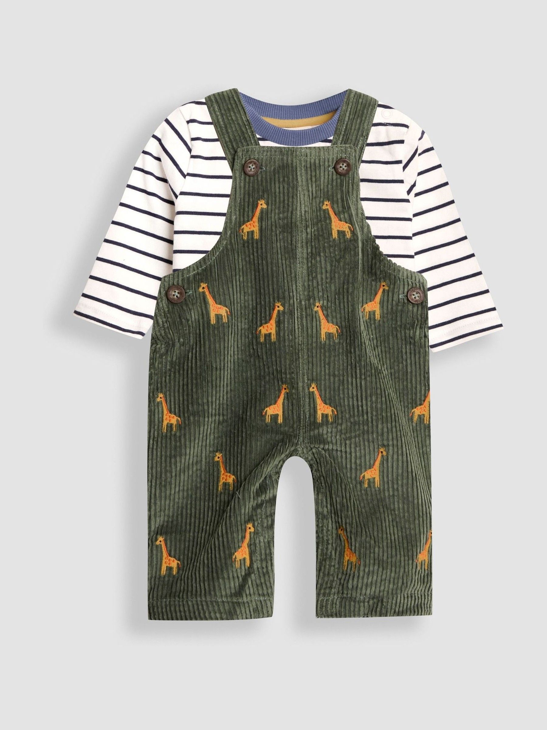 Khaki Green Giraffe 2-Piece Embroidered Cord Dungarees & Top Set - Image 1 of 5