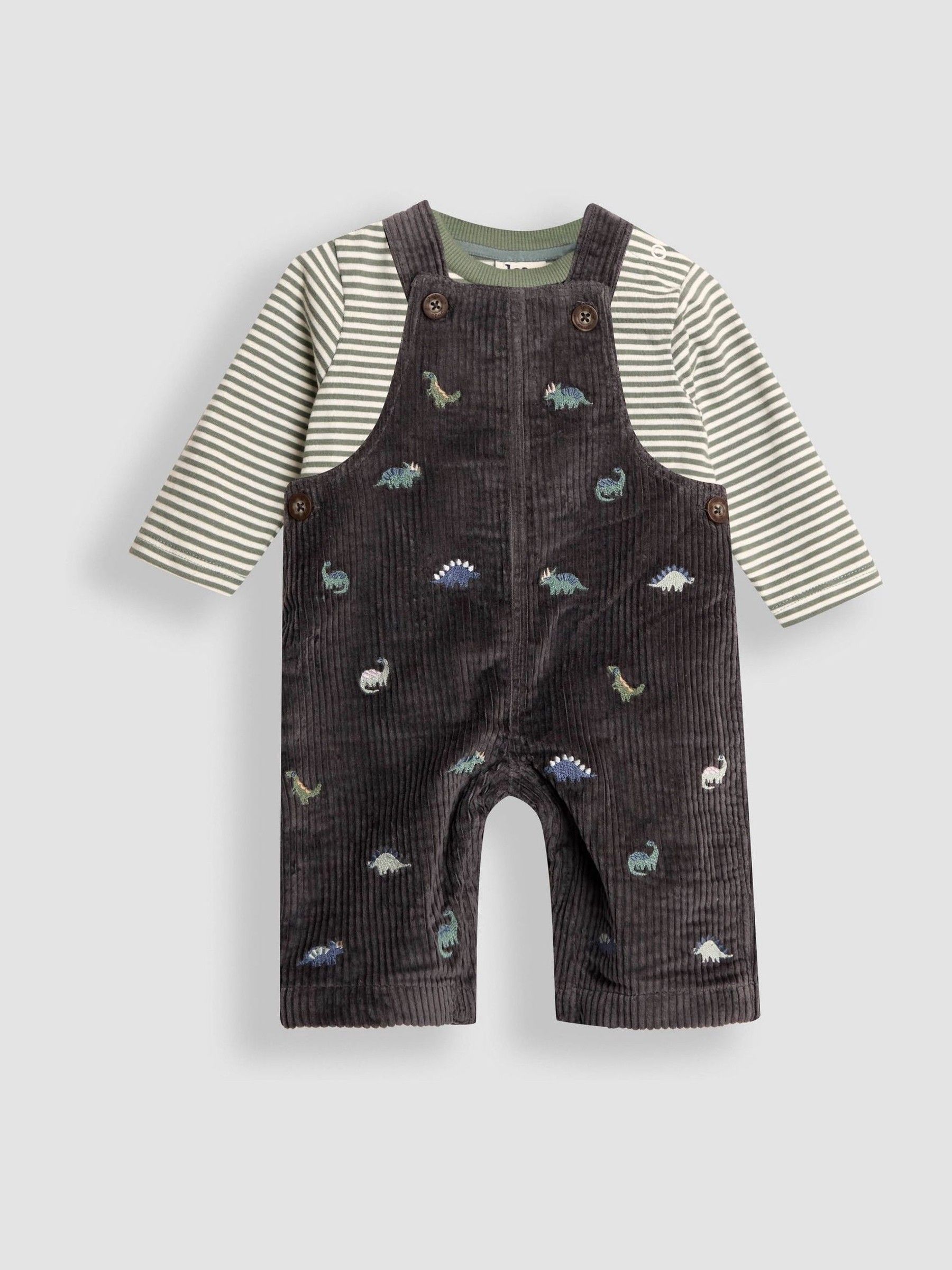 Charcoal Grey Dino 2-Piece Embroidered Cord Dungarees & Top Set - Image 1 of 5
