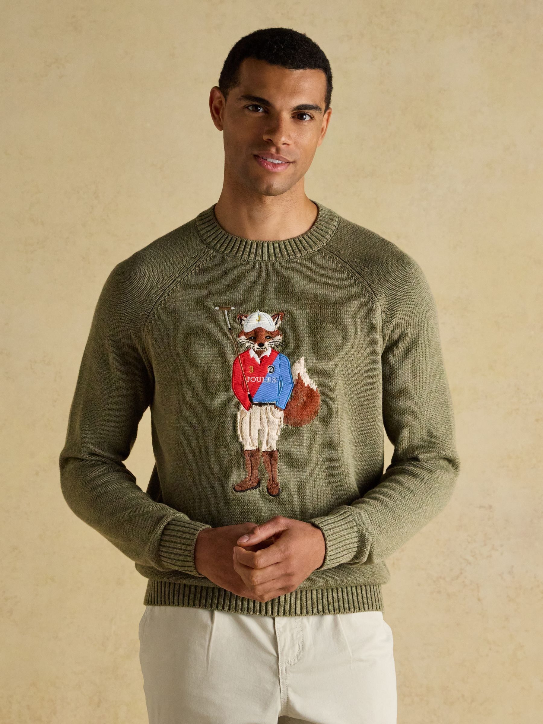 4x4 Intarsia Khaki Green Crew Neck Knitted Jumper - Image 1 of 7 4x4 Intarsia Khaki Green Crew Neck Knitted Jumper - Image 1 of 7