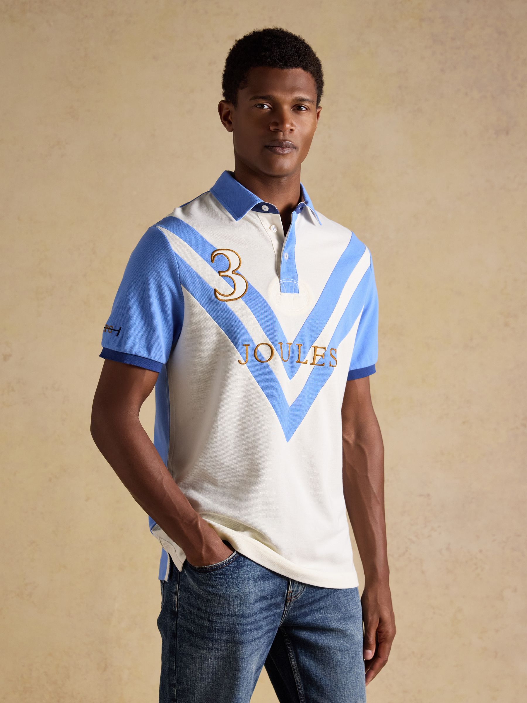 Cream & Blue Embellished Cotton Pique Polo Shirt - Image 1 of 10