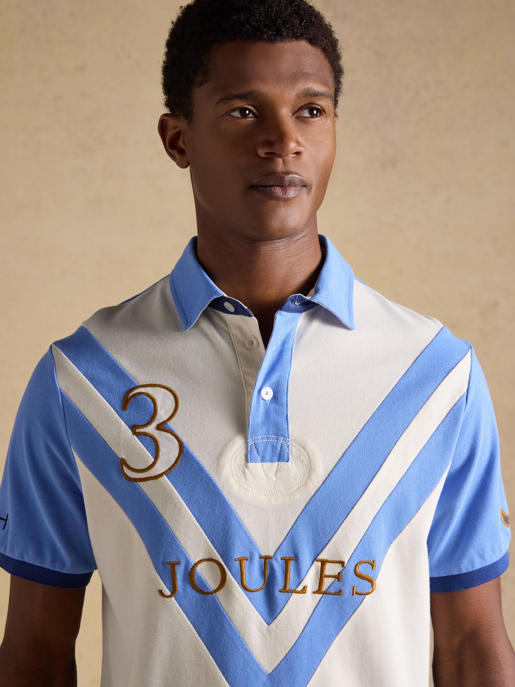 Cream & Blue Embellished Cotton Pique Polo Shirt - Image 3 of 10