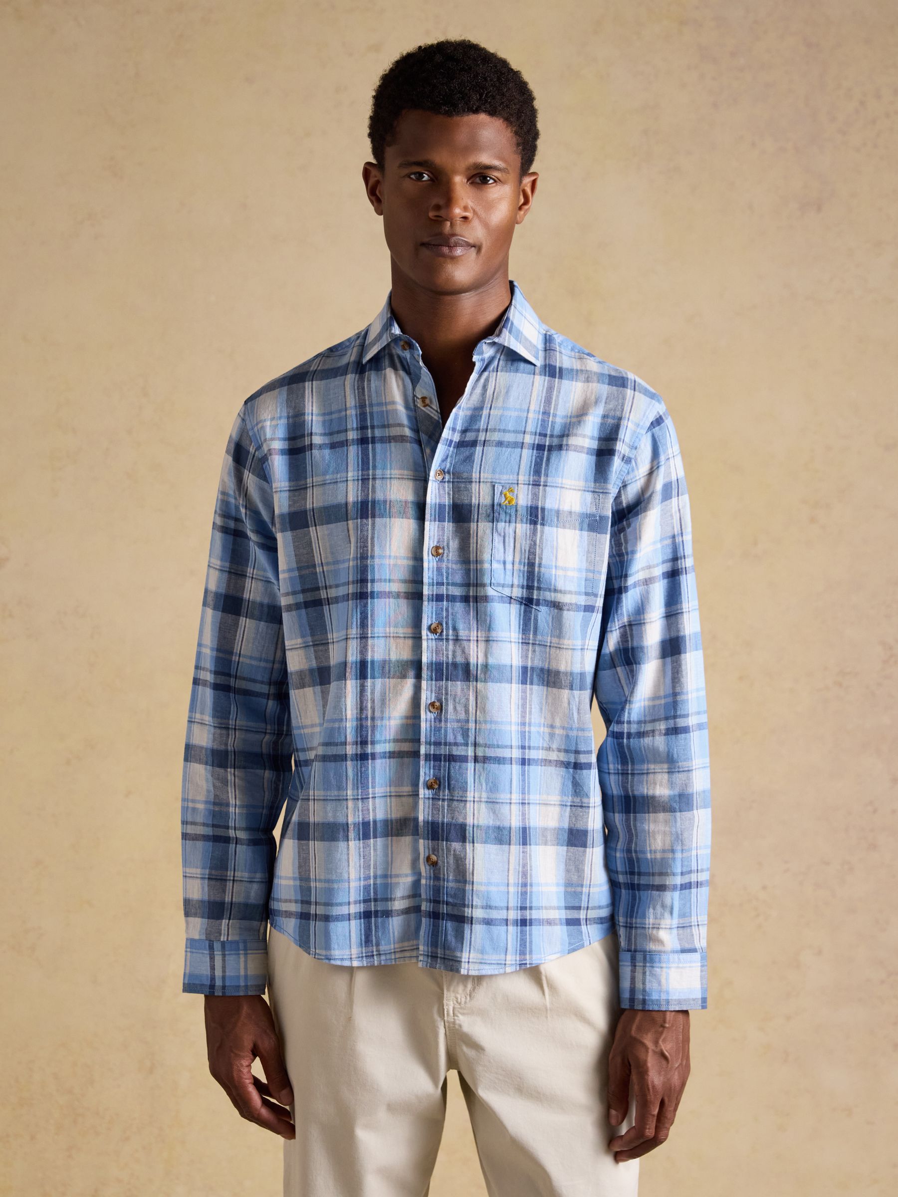 Blue Checked Linen Blend Long Sleeve Shirt | Joules