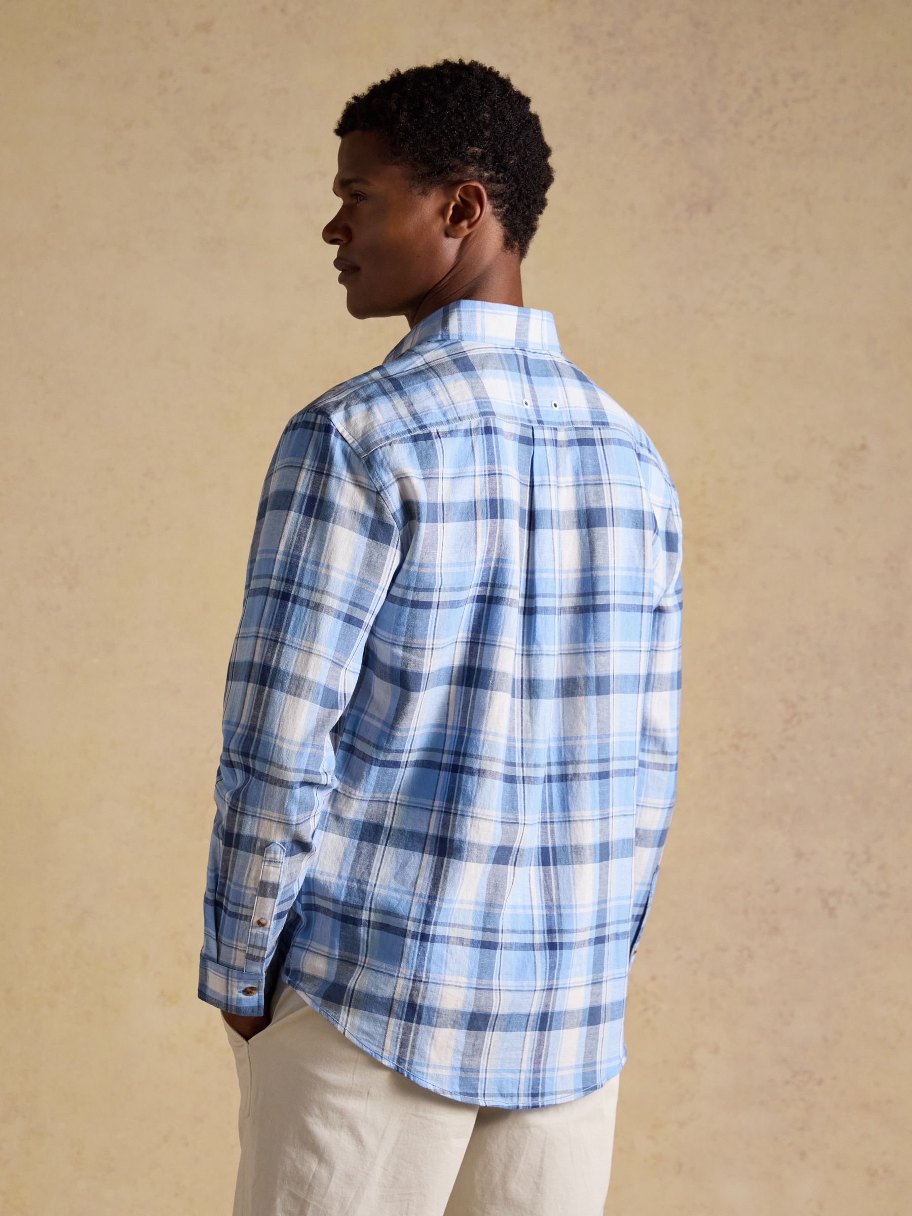 Linen Blend Blue Check Classic Fit Long Sleeve Shirt - Image 3 of 10