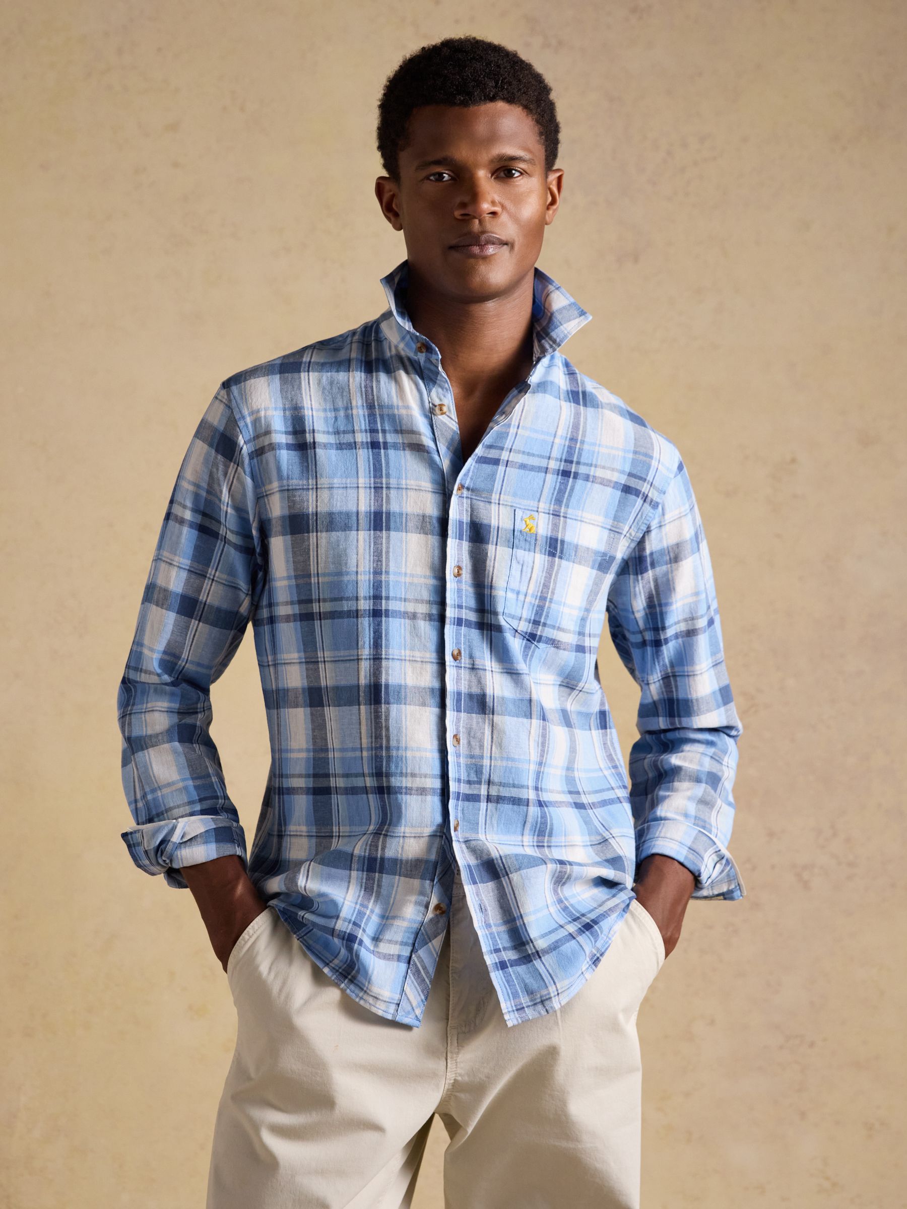 Blue Checked Linen Blend Long Sleeve Shirt | Joules