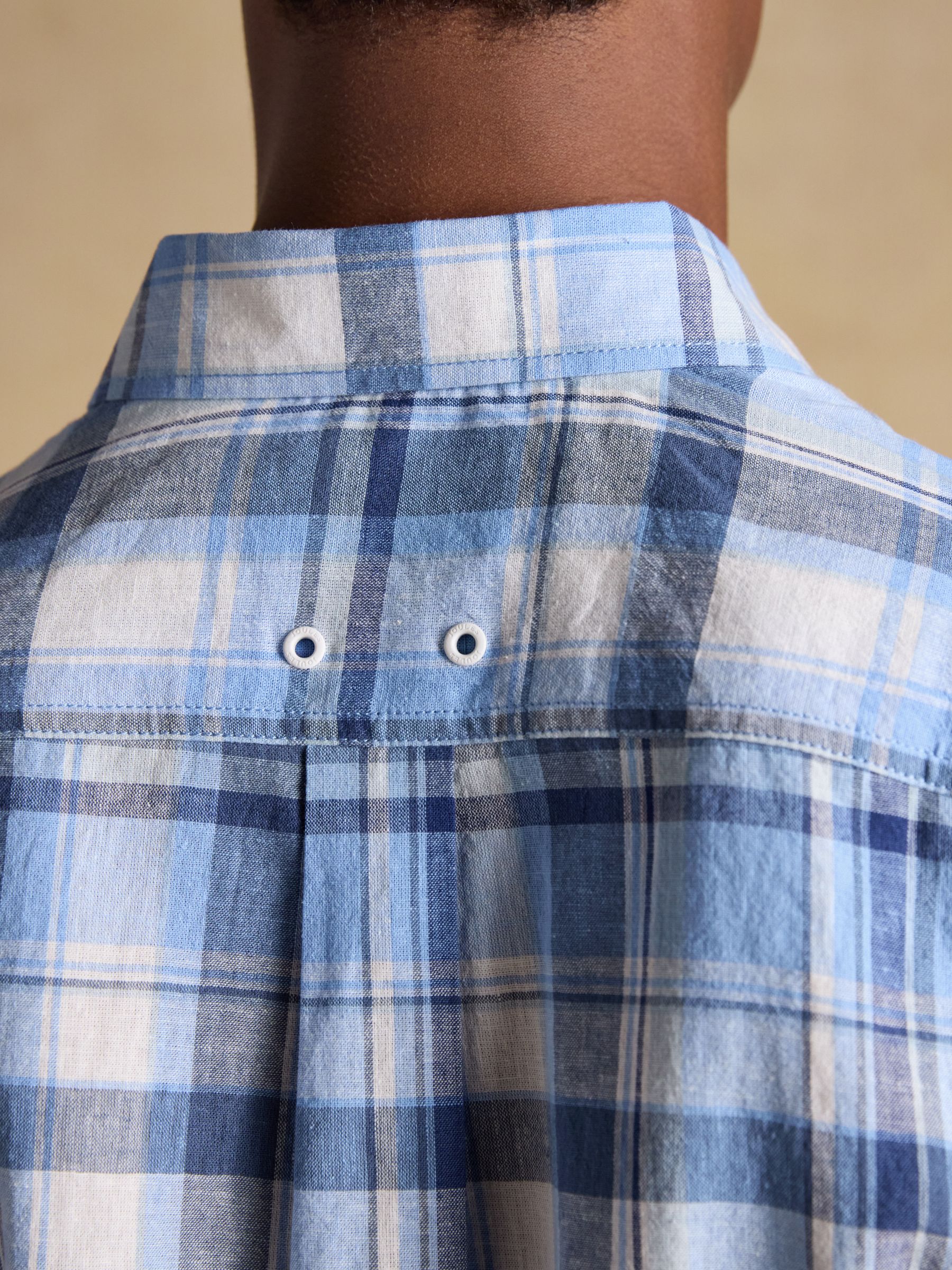 Linen Blend Blue Check Classic Fit Long Sleeve Shirt - Image 8 of 10