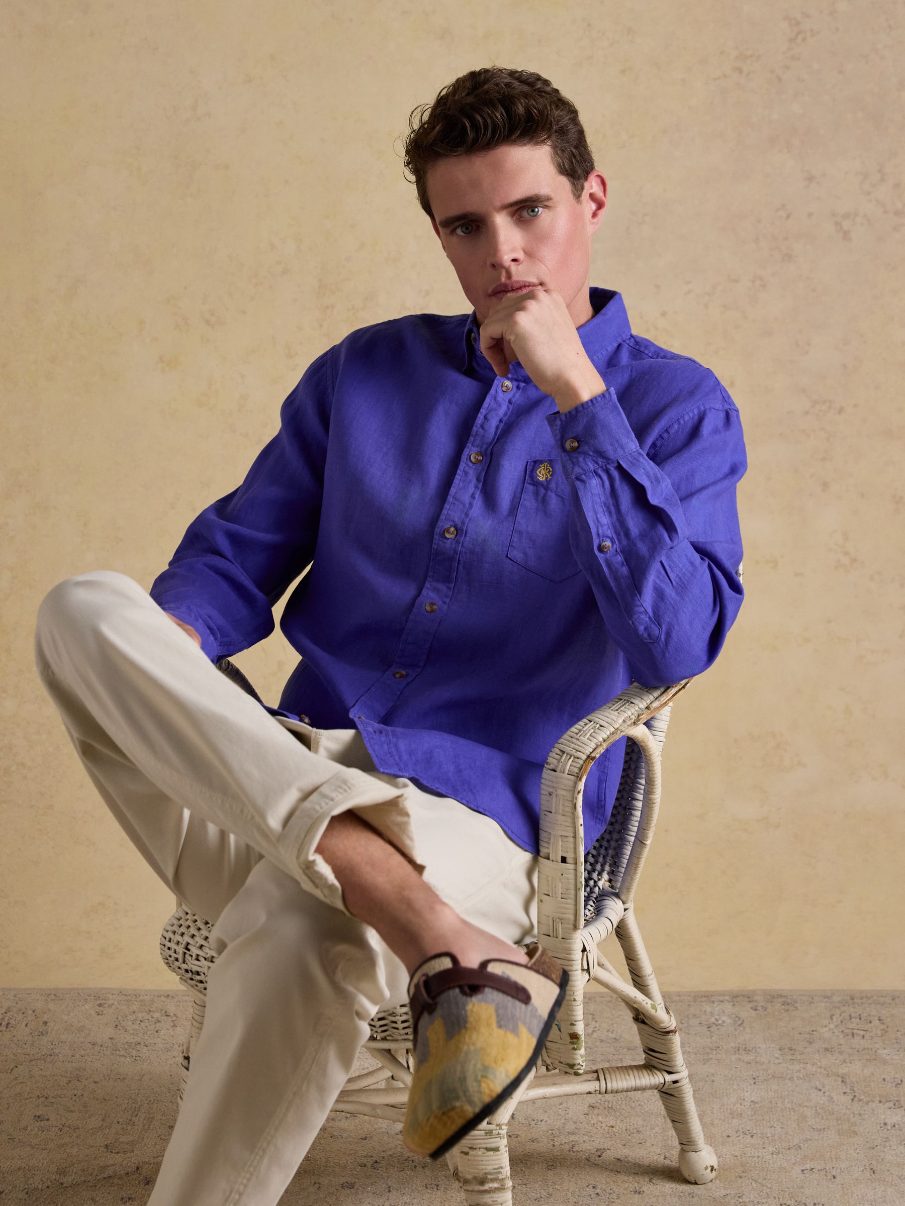 Blue 100% Linen Long Sleeve Classic Fit Shirt - Image 4 of 9