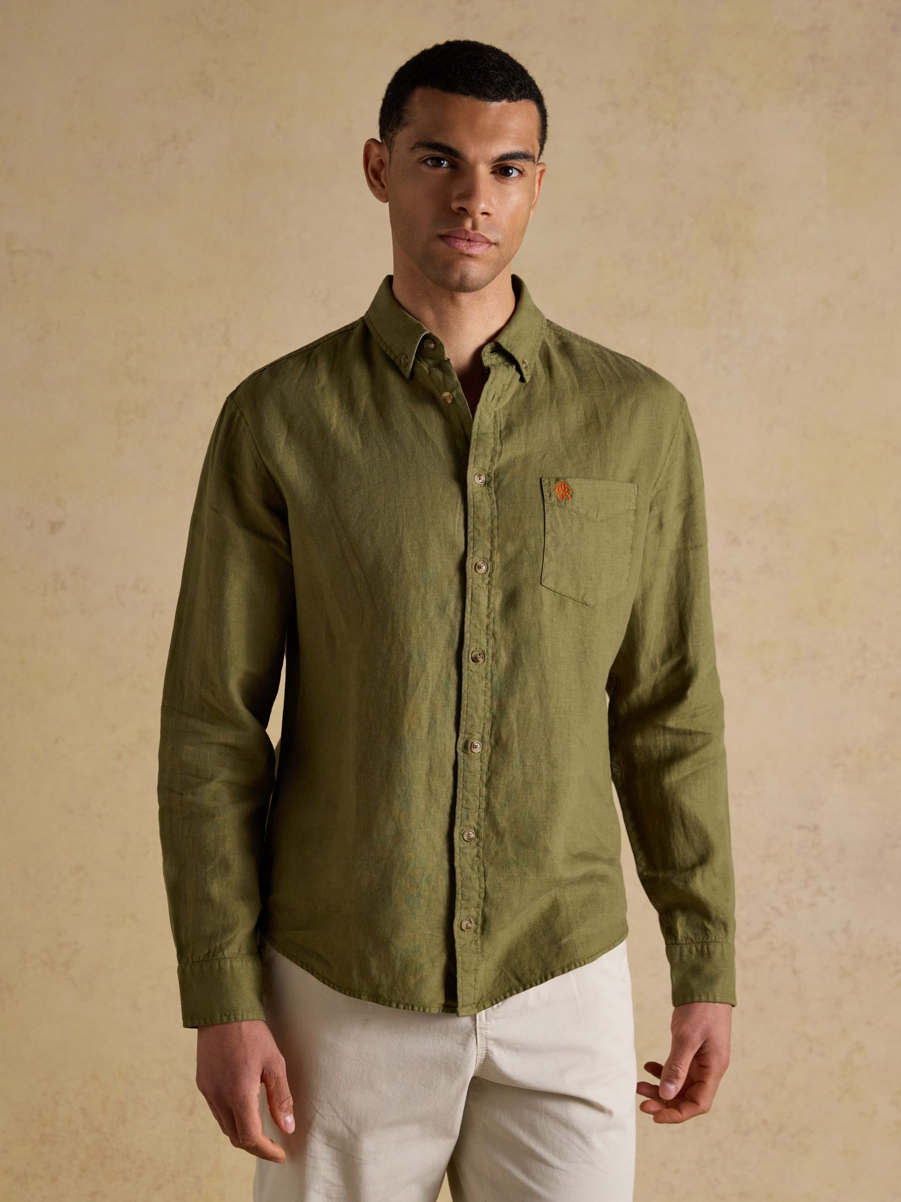 Khaki Green 100% Linen Long Sleeve Classic Fit Shirt - Image 1 of 9