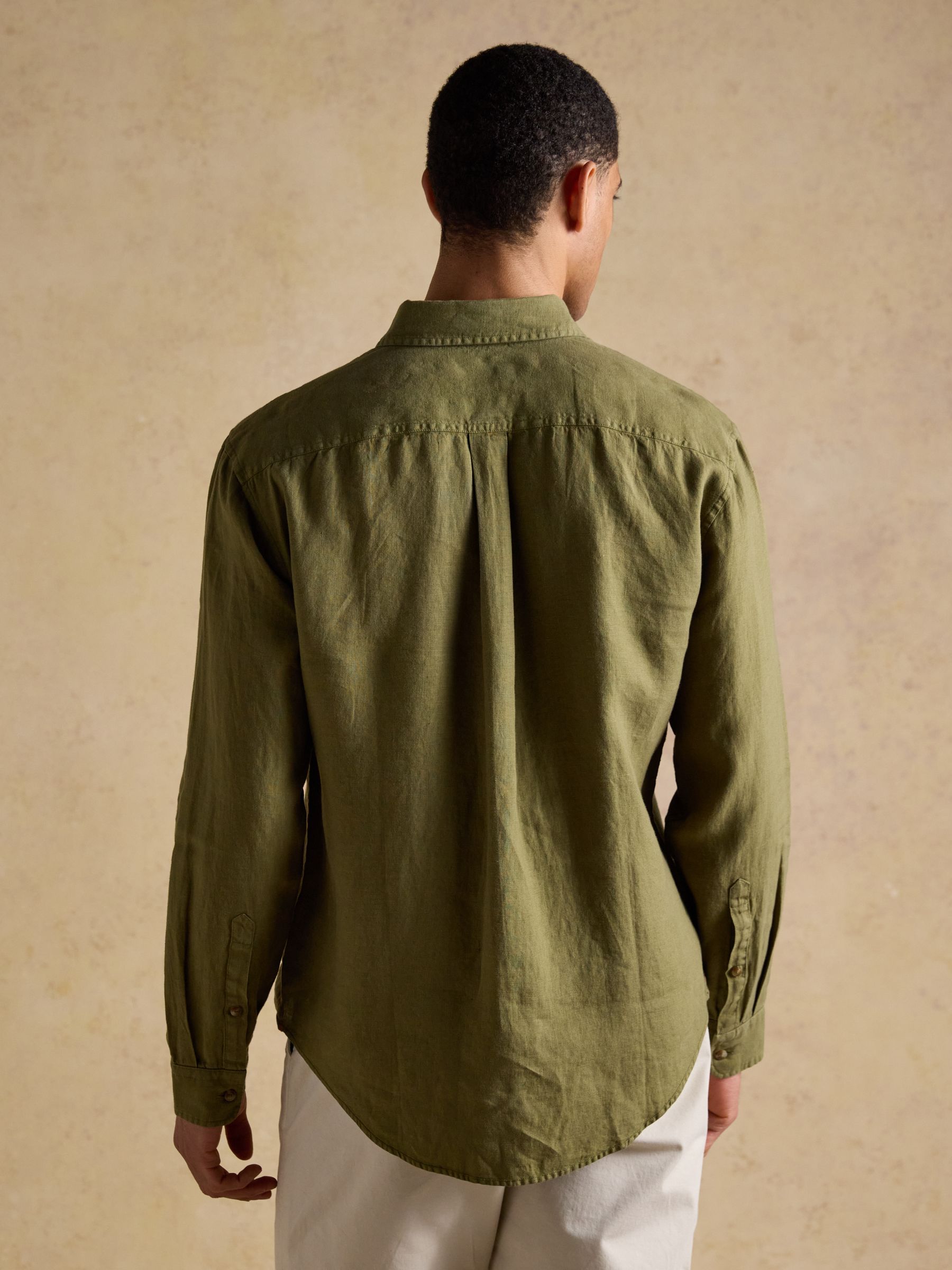Khaki Green 100% Linen Long Sleeve Classic Fit Shirt - Image 3 of 9