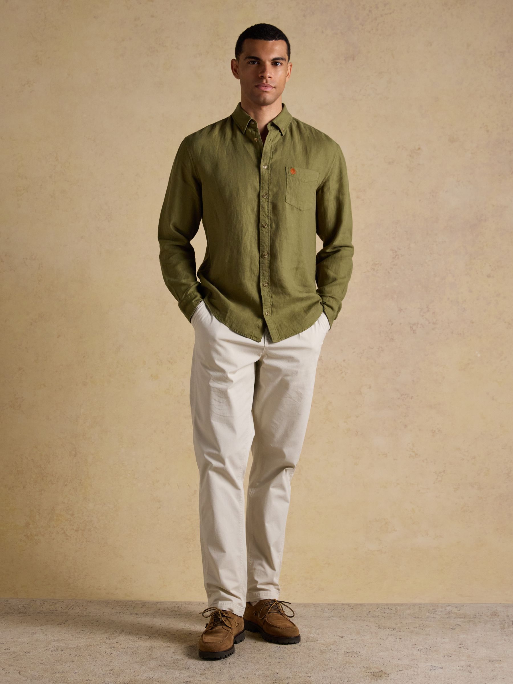 Khaki Green 100% Linen Long Sleeve Classic Fit Shirt - Image 4 of 9
