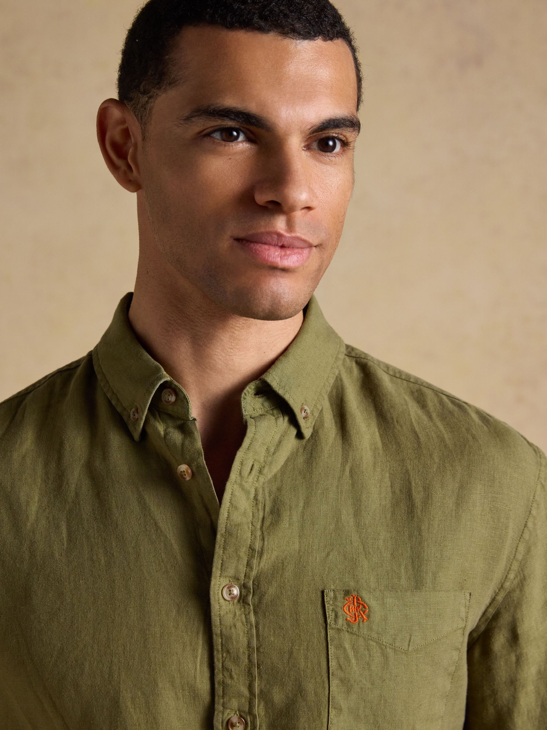 Khaki Green 100% Linen Long Sleeve Classic Fit Shirt - Image 6 of 9