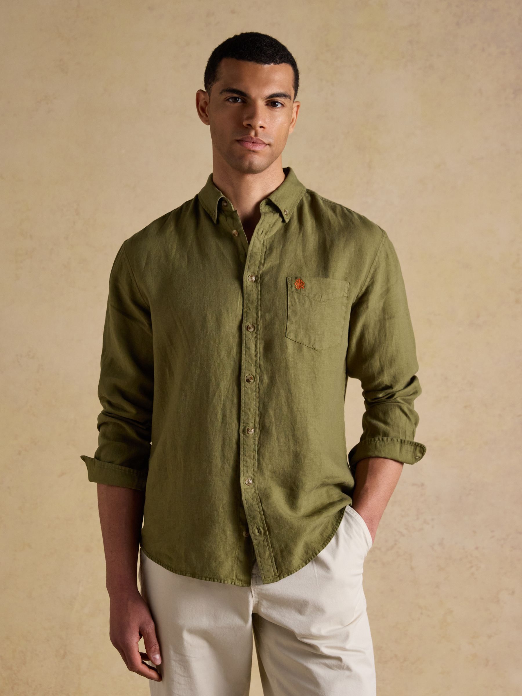 Khaki Green 100% Linen Long Sleeve Classic Fit Shirt - Image 7 of 9