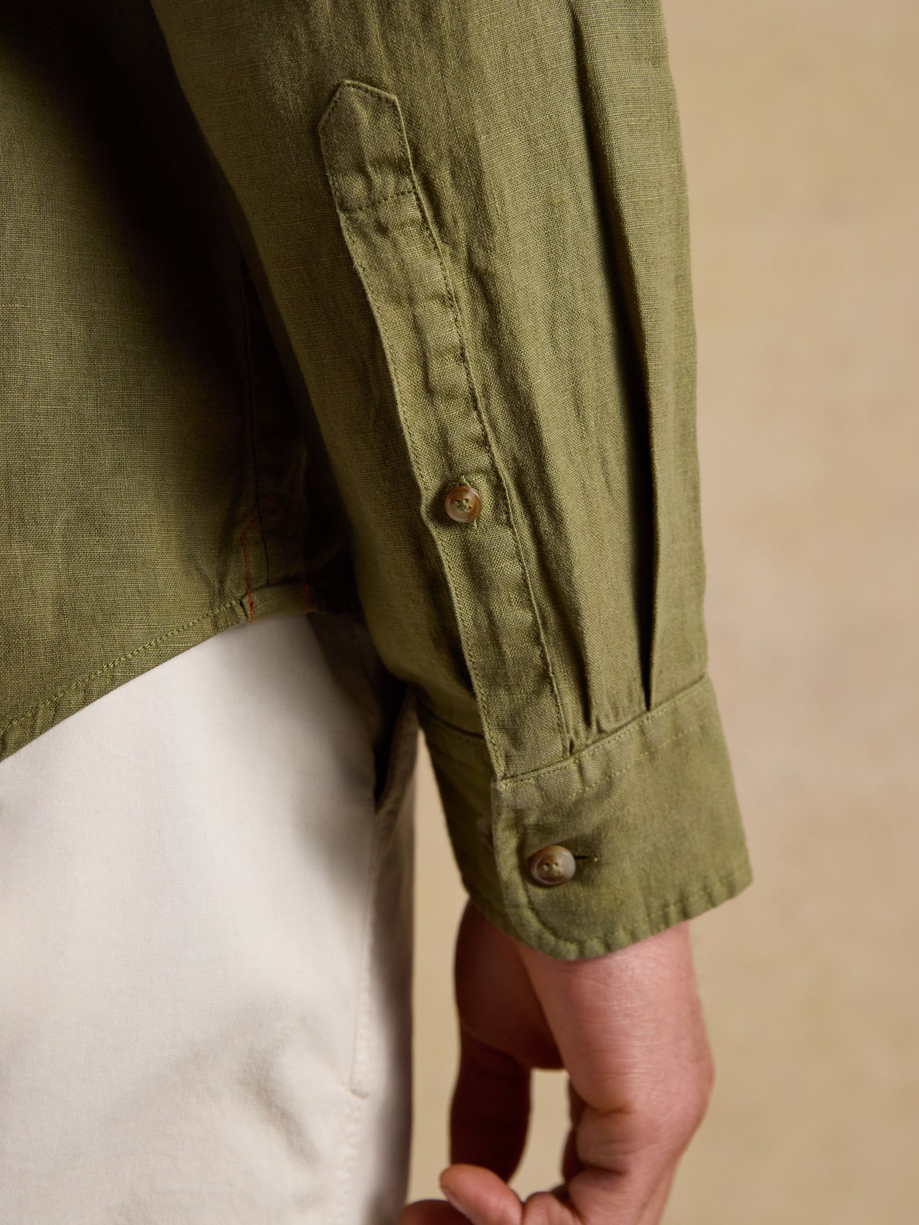 Khaki Green 100% Linen Long Sleeve Classic Fit Shirt - Image 8 of 9