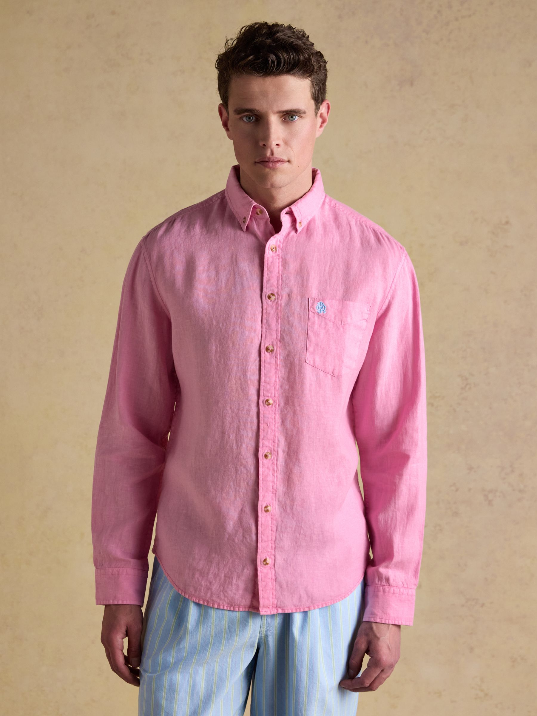 Pink 100% Linen Long Sleeve Classic Fit Shirt - Image 1 of 8