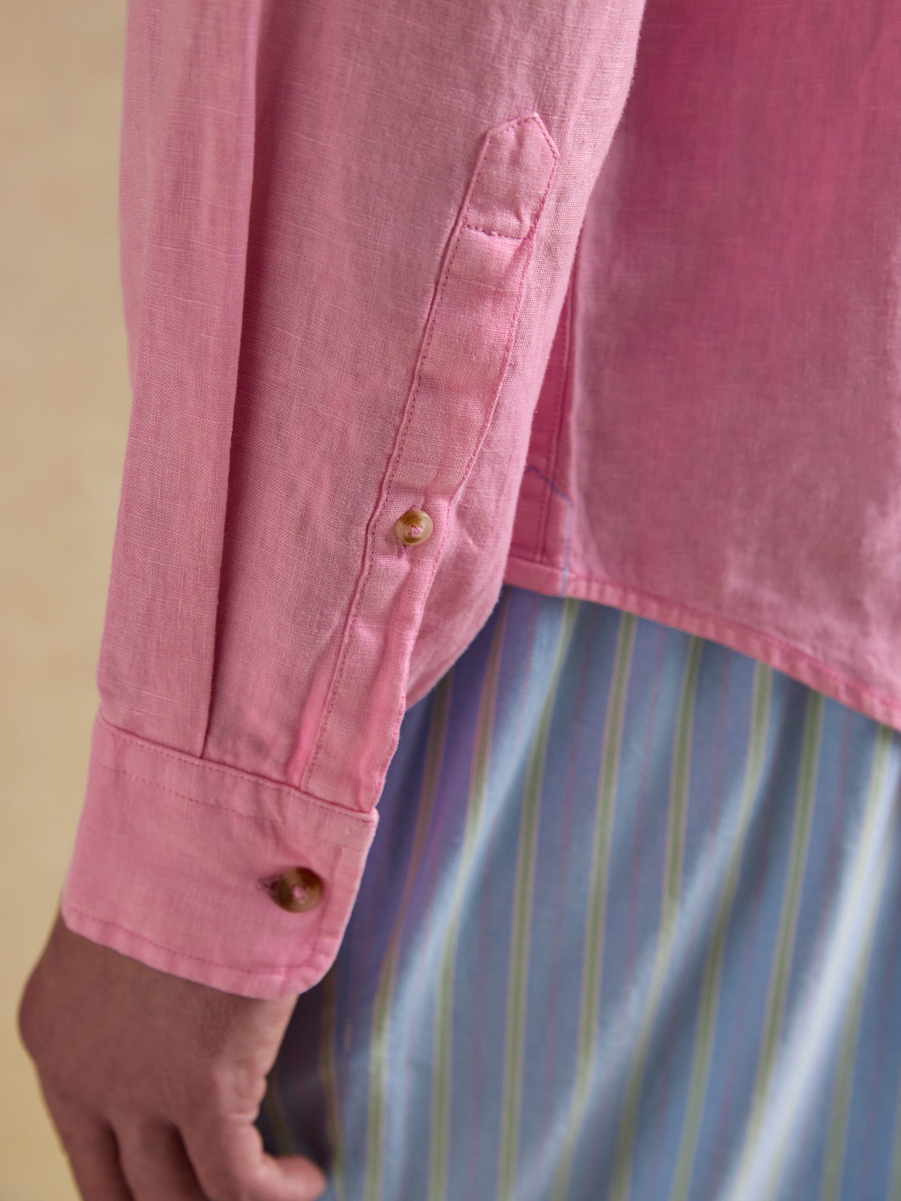 Pink 100% Linen Long Sleeve Classic Fit Shirt - Image 7 of 8