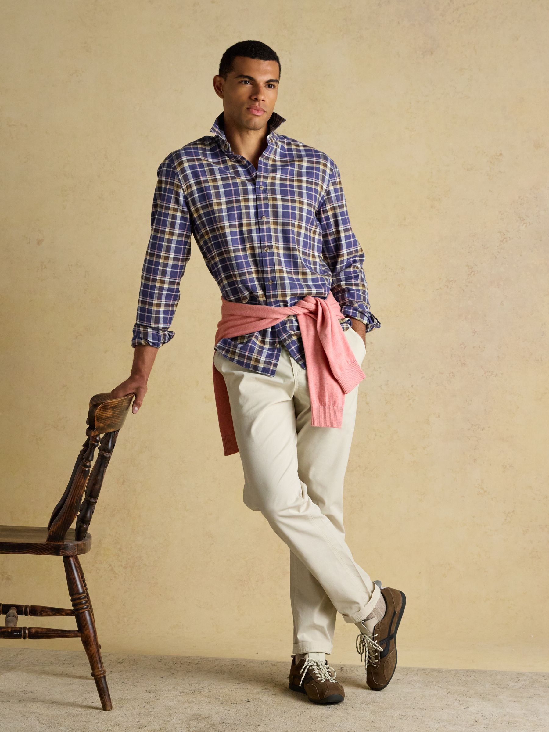 Lightweight Brushed Navy & Pink Flannel Cotton Shirt - Image 3 of 8