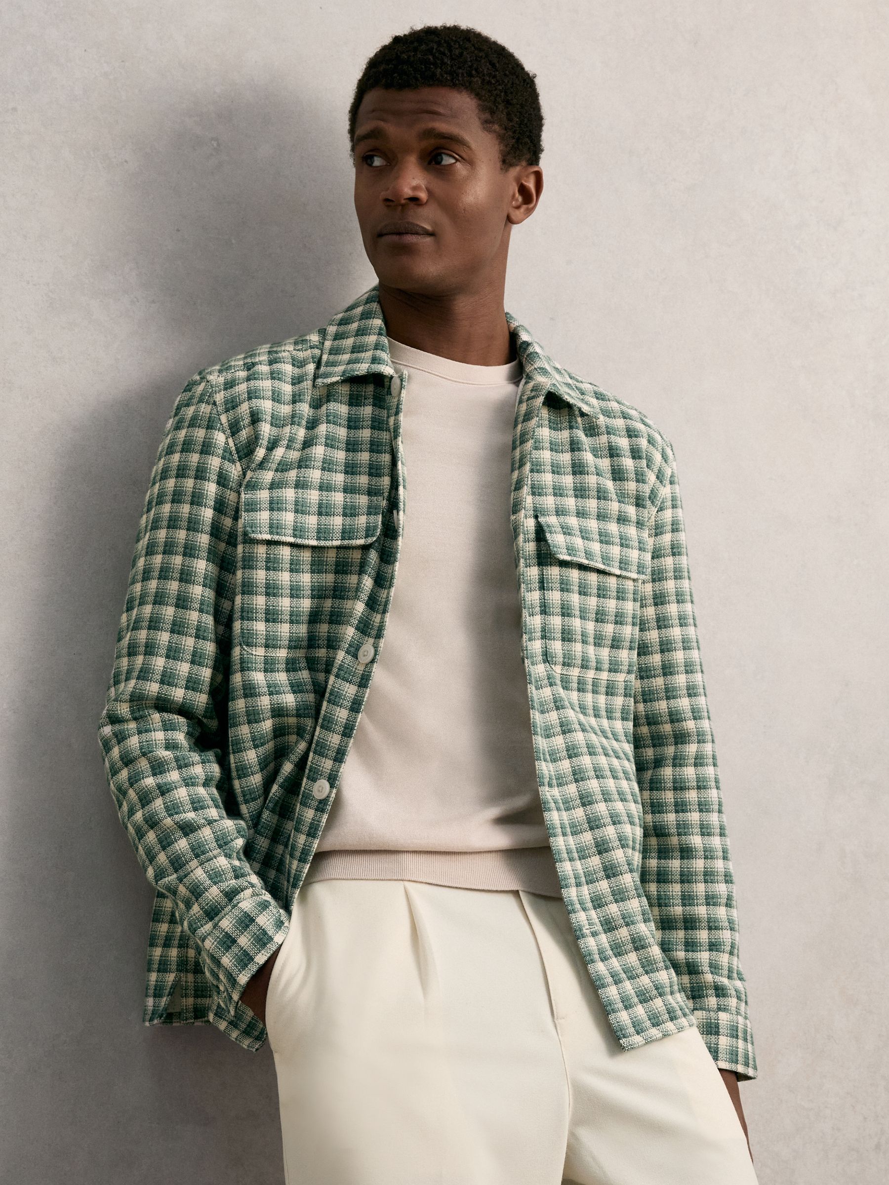 Woven Check Twin Pocket Overshirt in Green Multi - Image 1 of 7