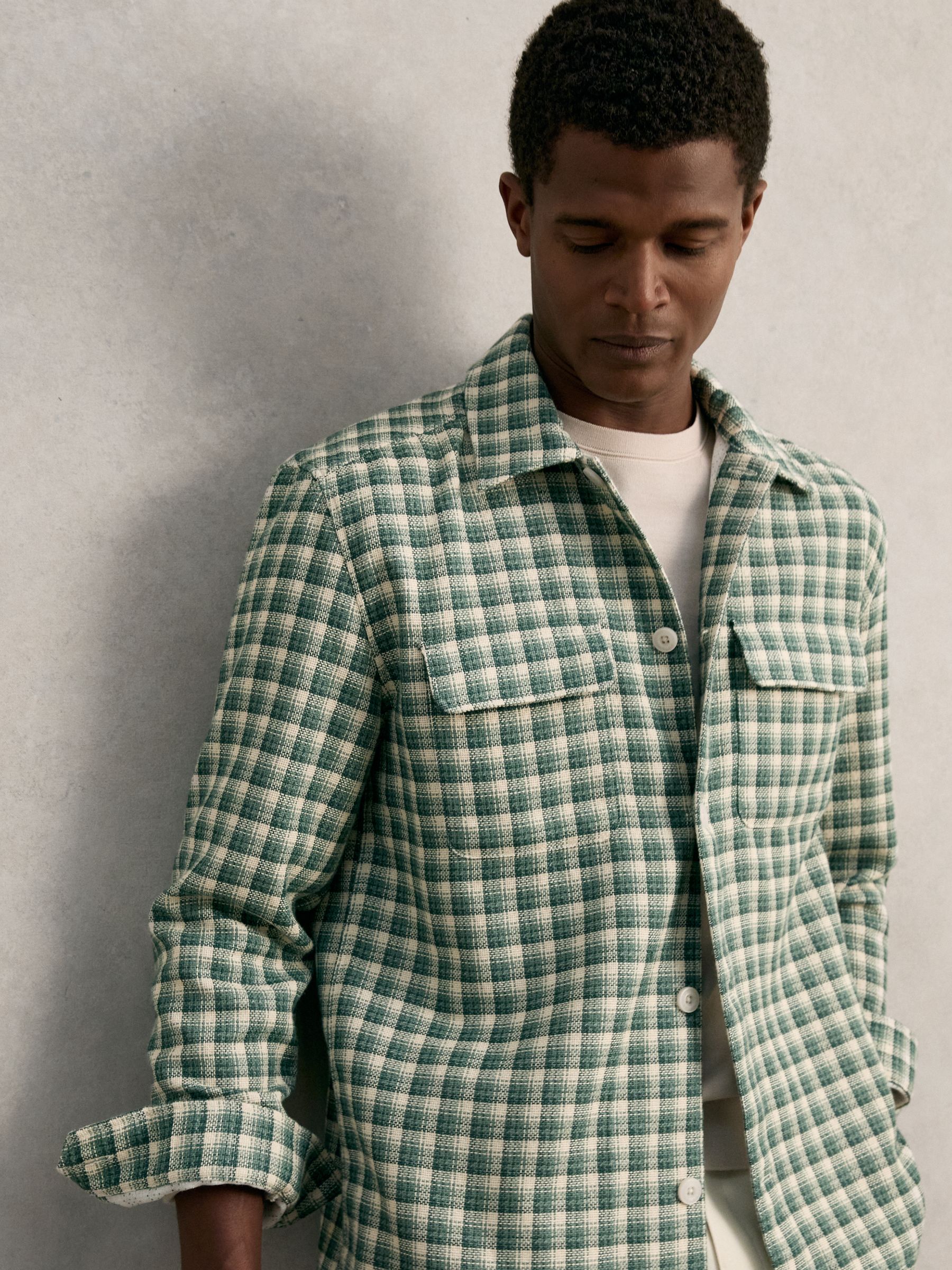 Woven Check Twin Pocket Overshirt in Green Multi - Image 6 of 7