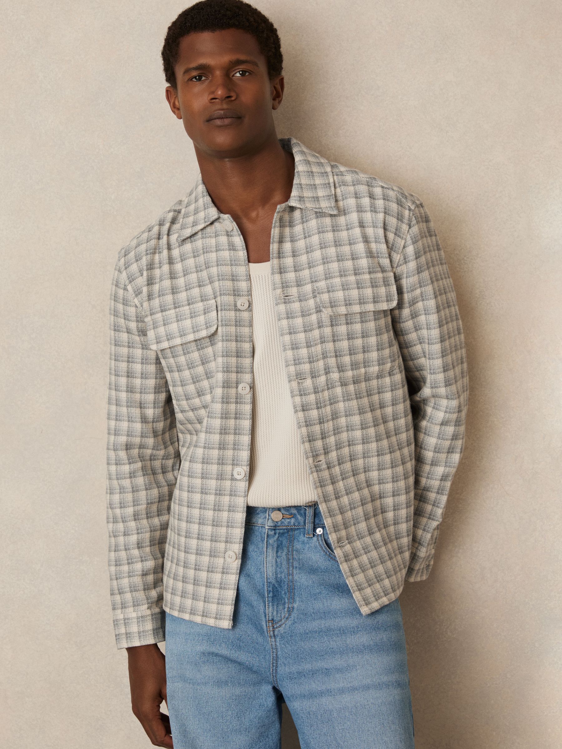 Woven Check Twin Pocket Overshirt in Light Grey - Image 1 of 6