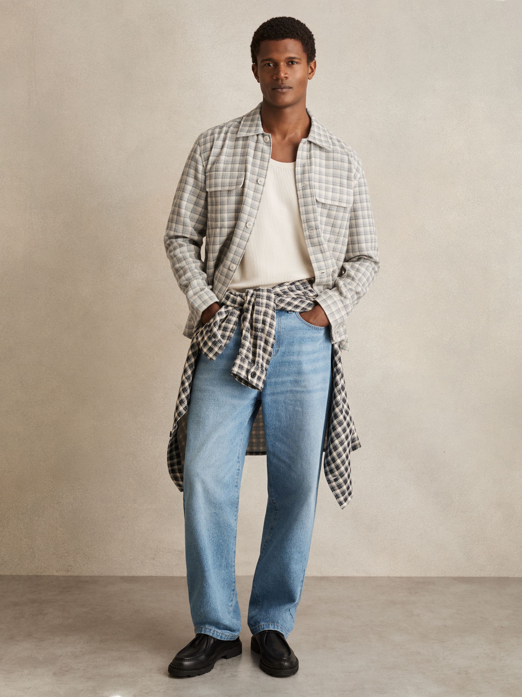 Woven Check Twin Pocket Overshirt in Light Grey - Image 3 of 6