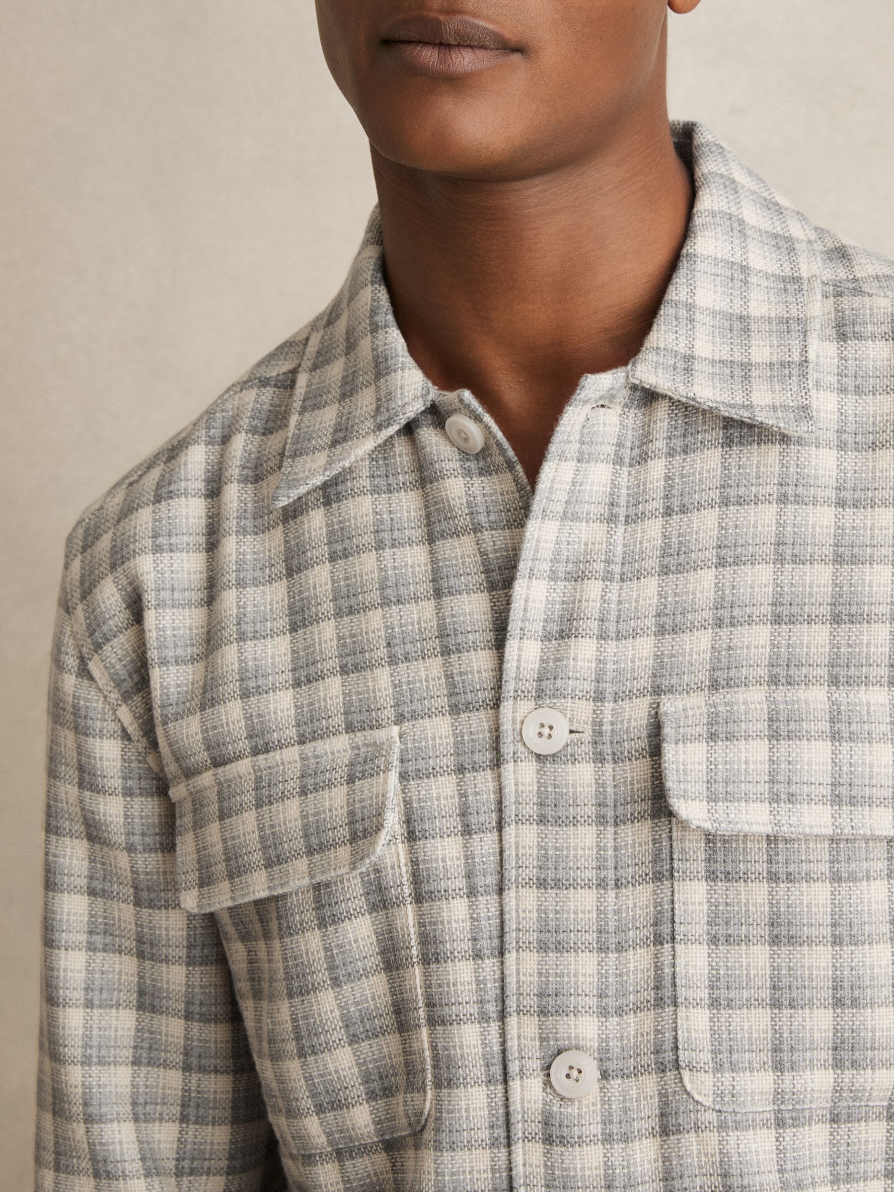 Woven Check Twin Pocket Overshirt in Light Grey - Image 4 of 6