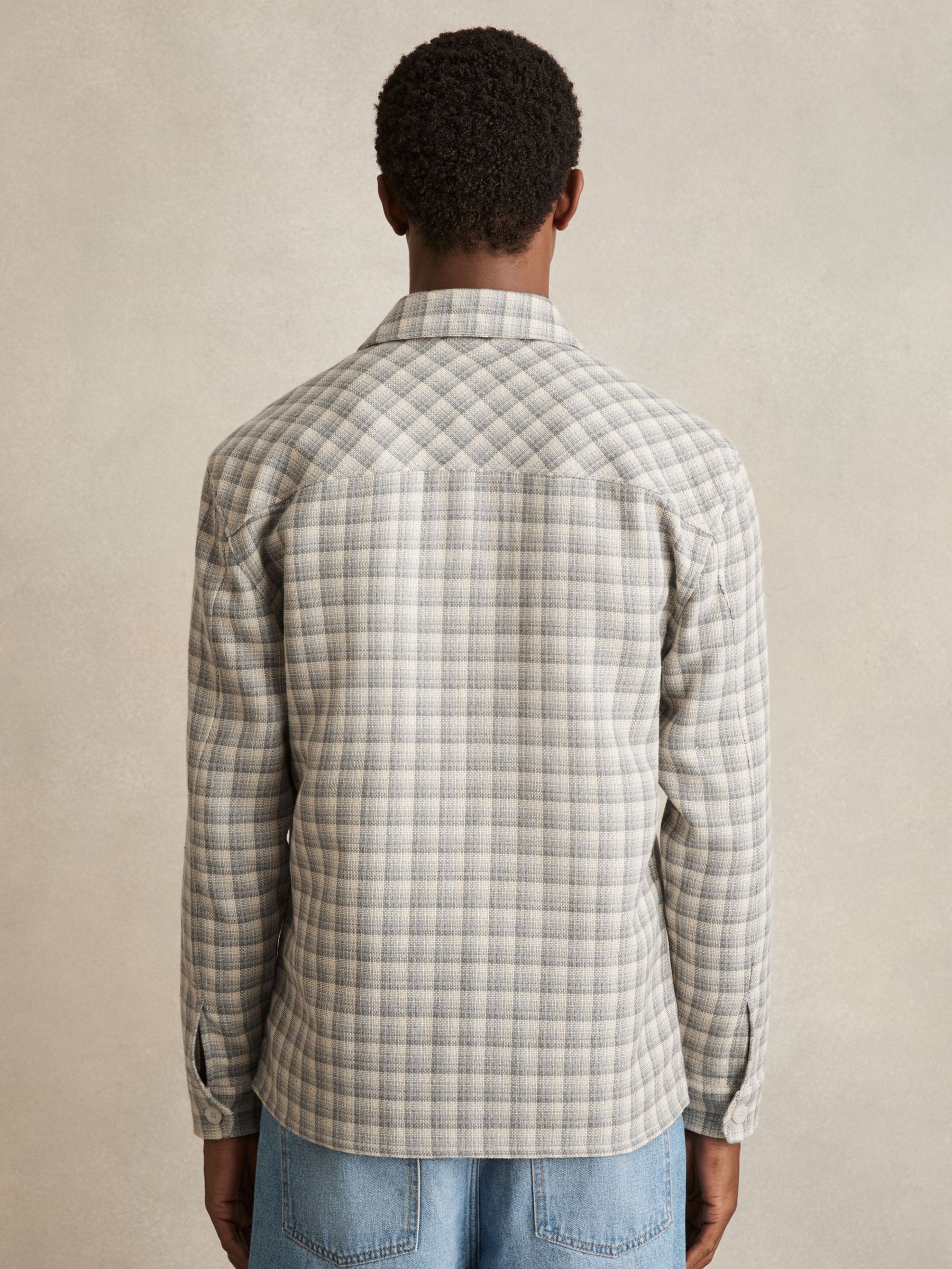 Woven Check Twin Pocket Overshirt in Light Grey - Image 5 of 6