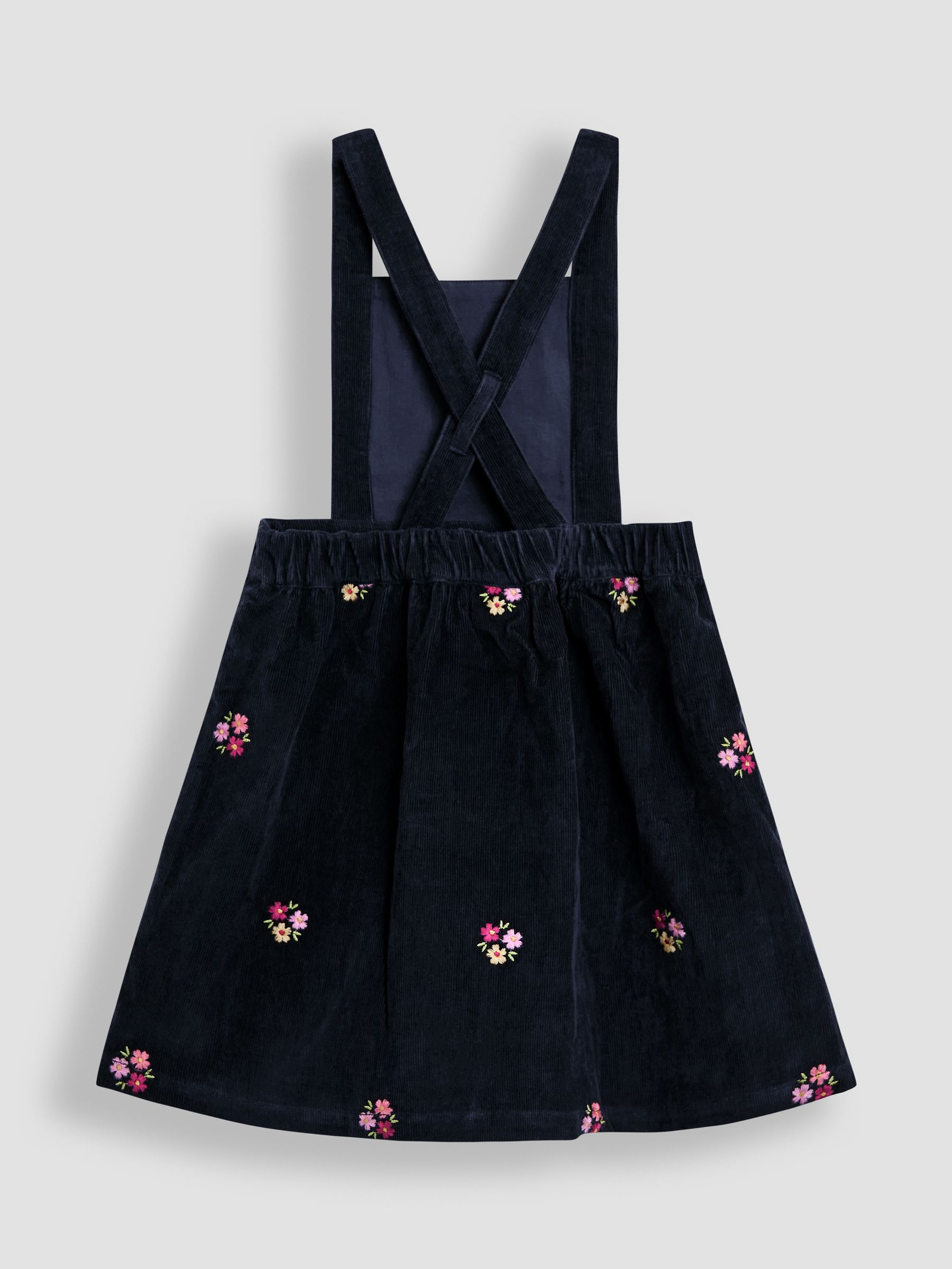 Navy Blue Floral Embroidered Cord Pinafore Dress & Blouse Set