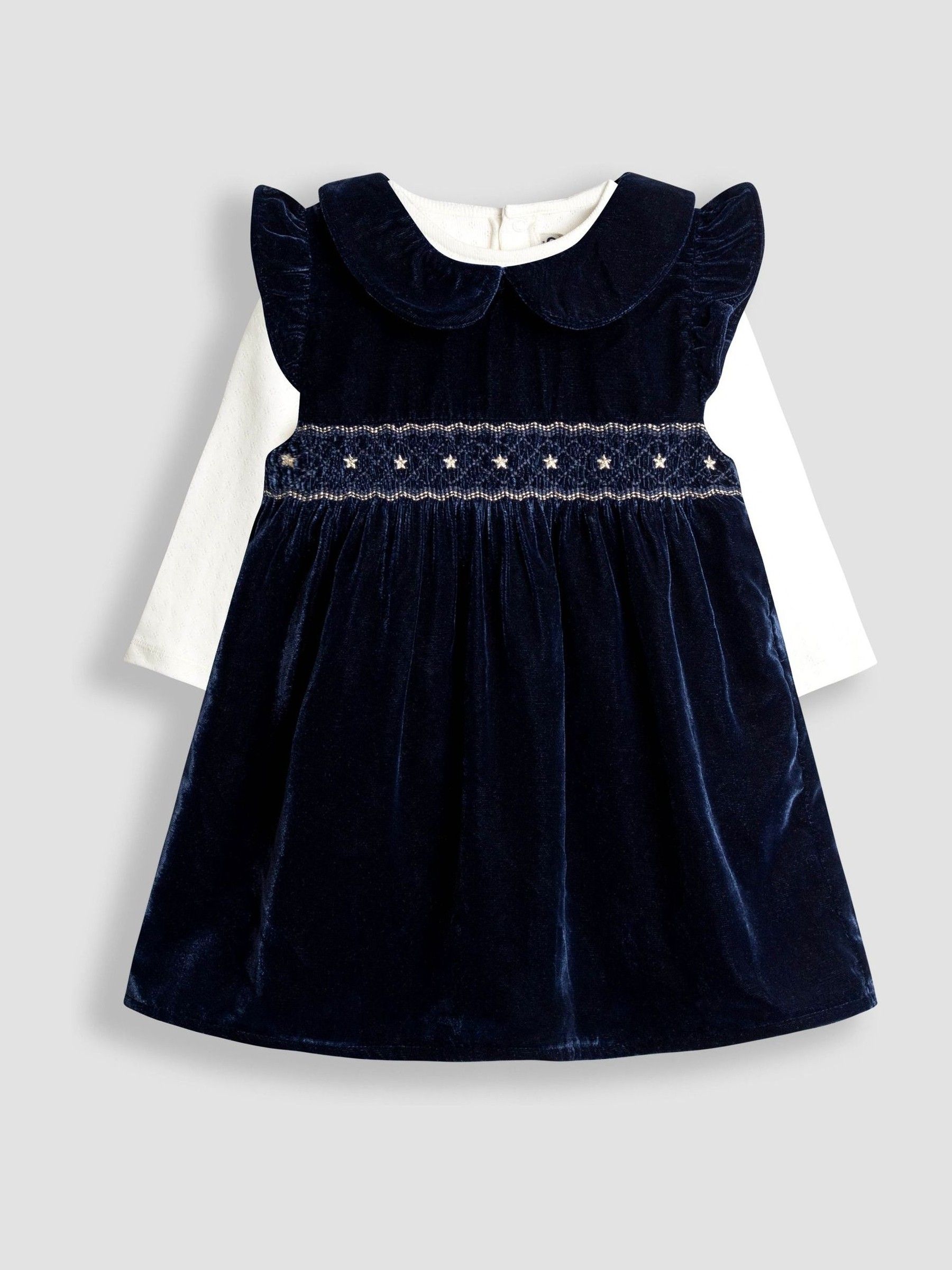 Navy Blue Velvet Baby Dress & Body Set - Image 1 of 6