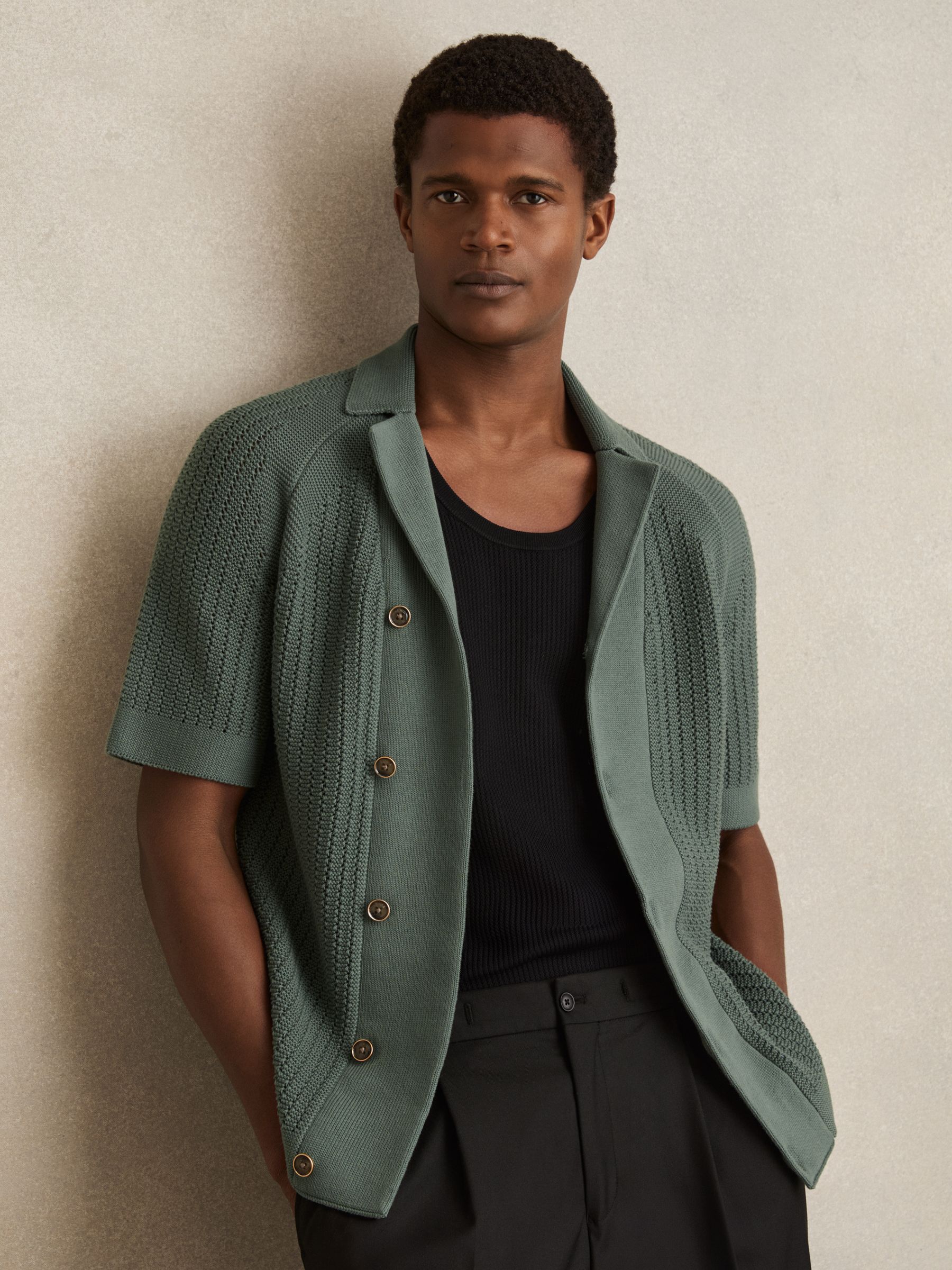 Cotton Textured-Knit Cuban-Collar Shirt in Pine Green - Image 1 of 5