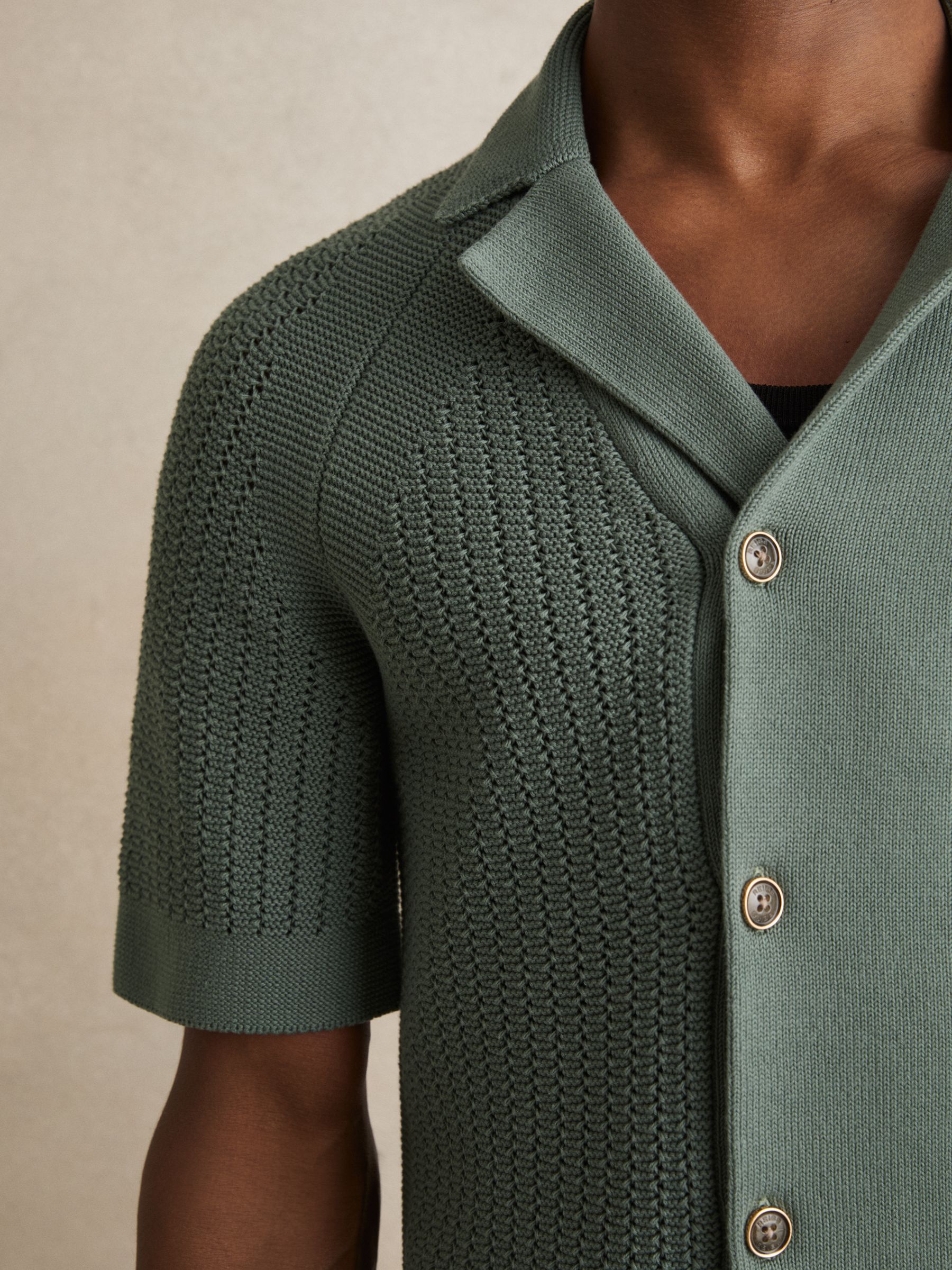 Cotton Textured-Knit Cuban-Collar Shirt in Pine Green - Image 3 of 5