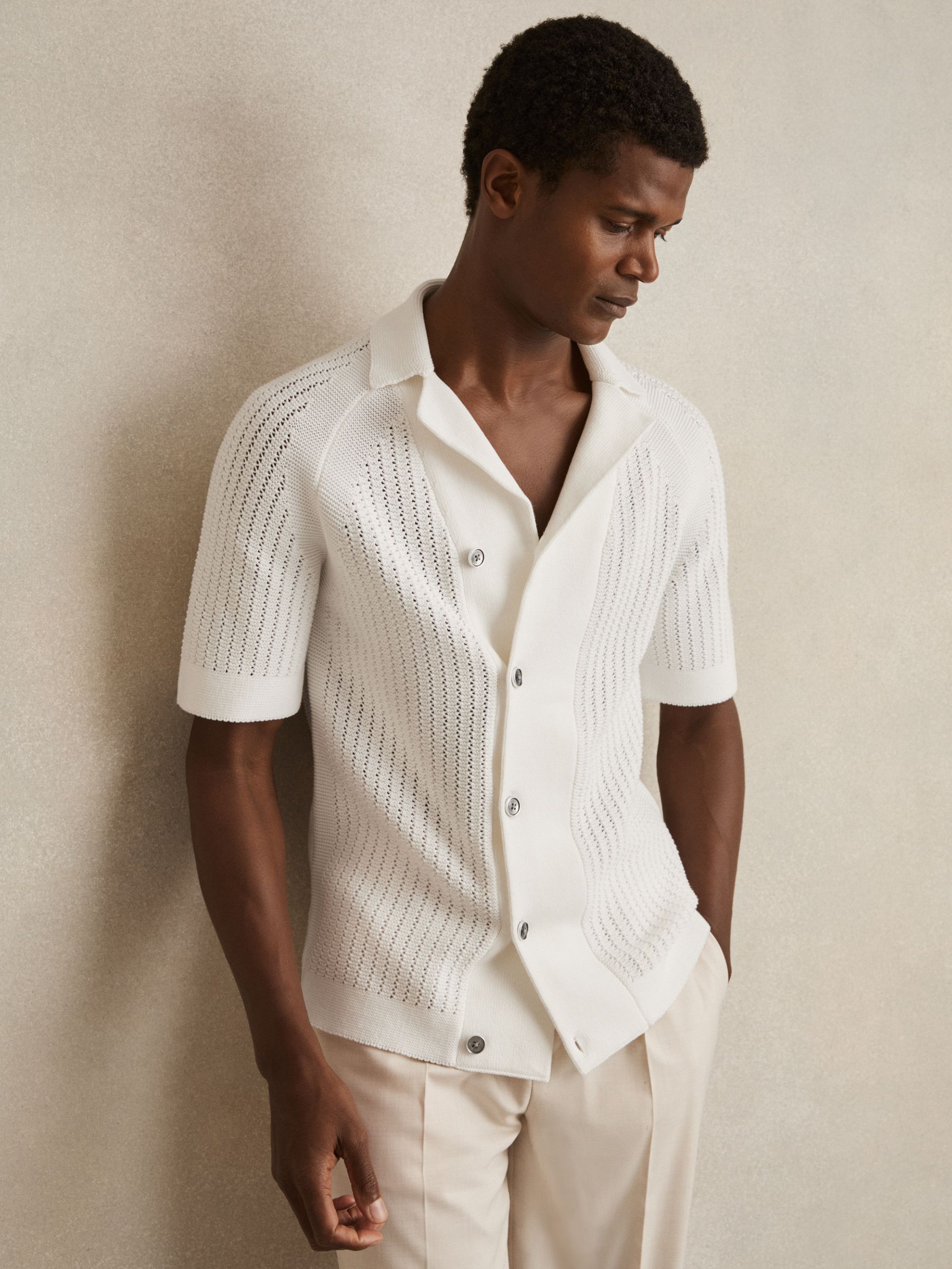 Cotton Textured-Knit Cuban-Collar Shirt in White - Image 1 of 6
