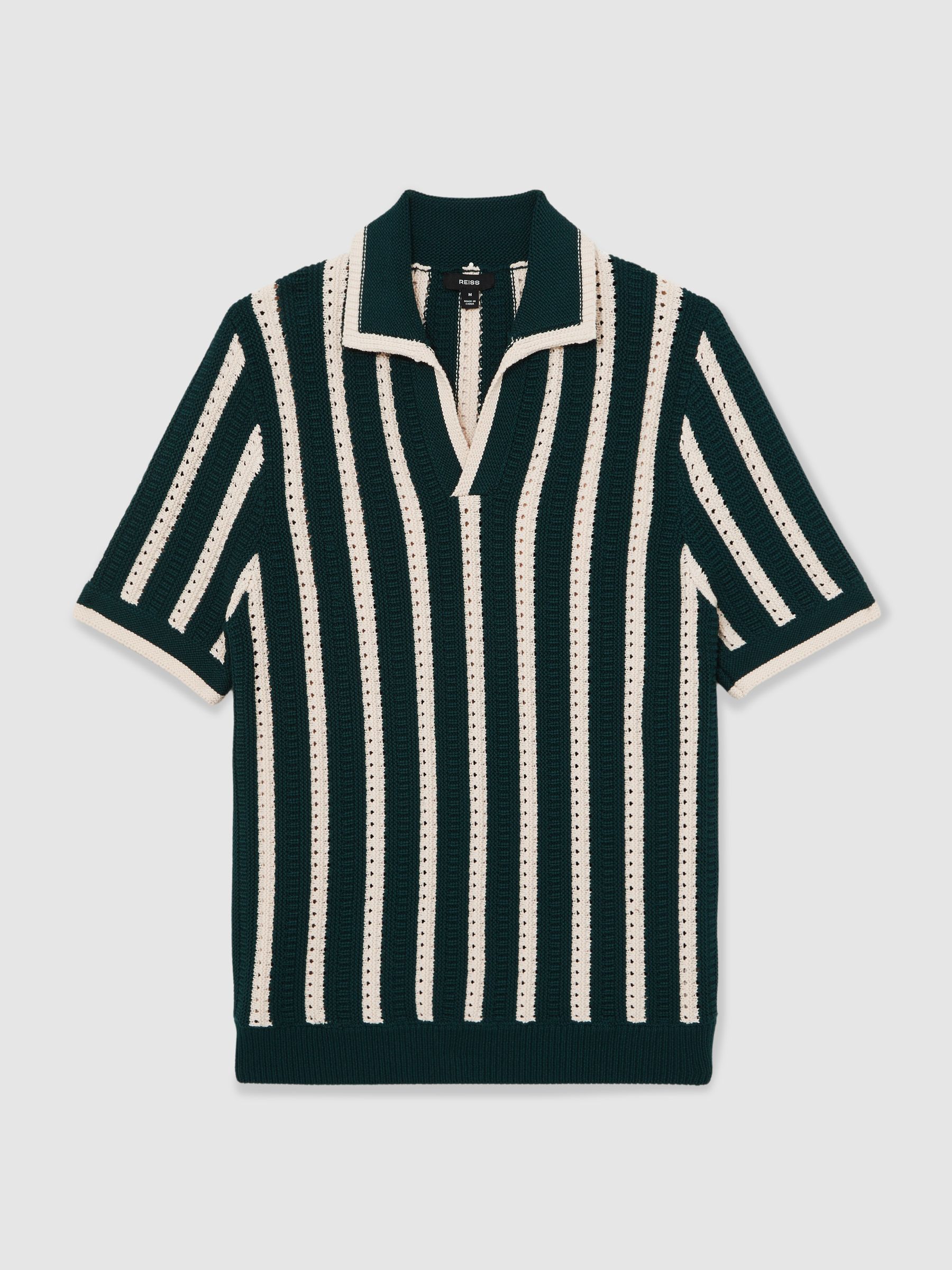 Cotton Blend Stripe Knit Polo Shirt in Dark Teal Green/Ecru - Image 2 of 5