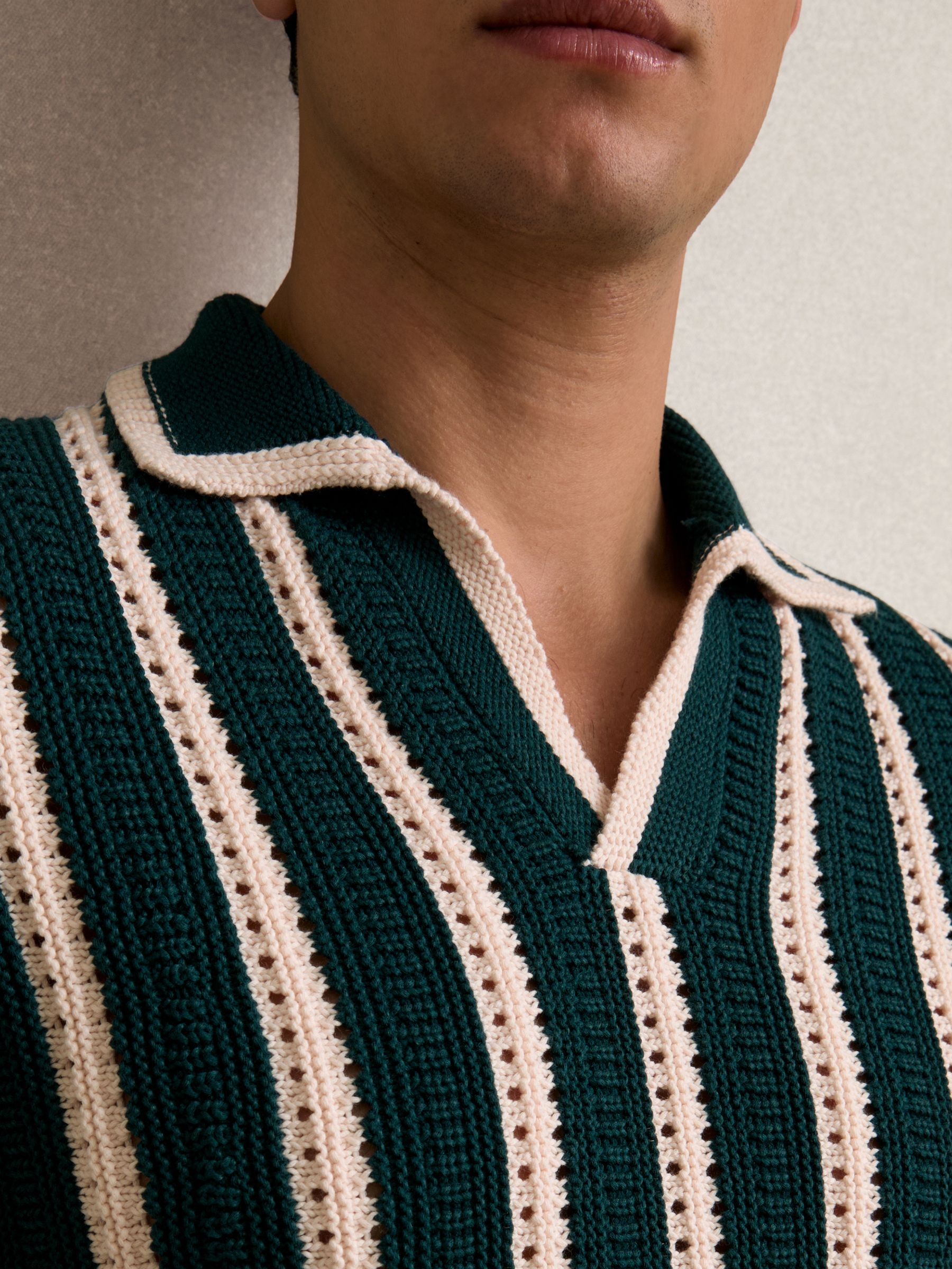 Cotton Blend Stripe Knit Polo Shirt in Dark Teal Green/Ecru - Image 3 of 5