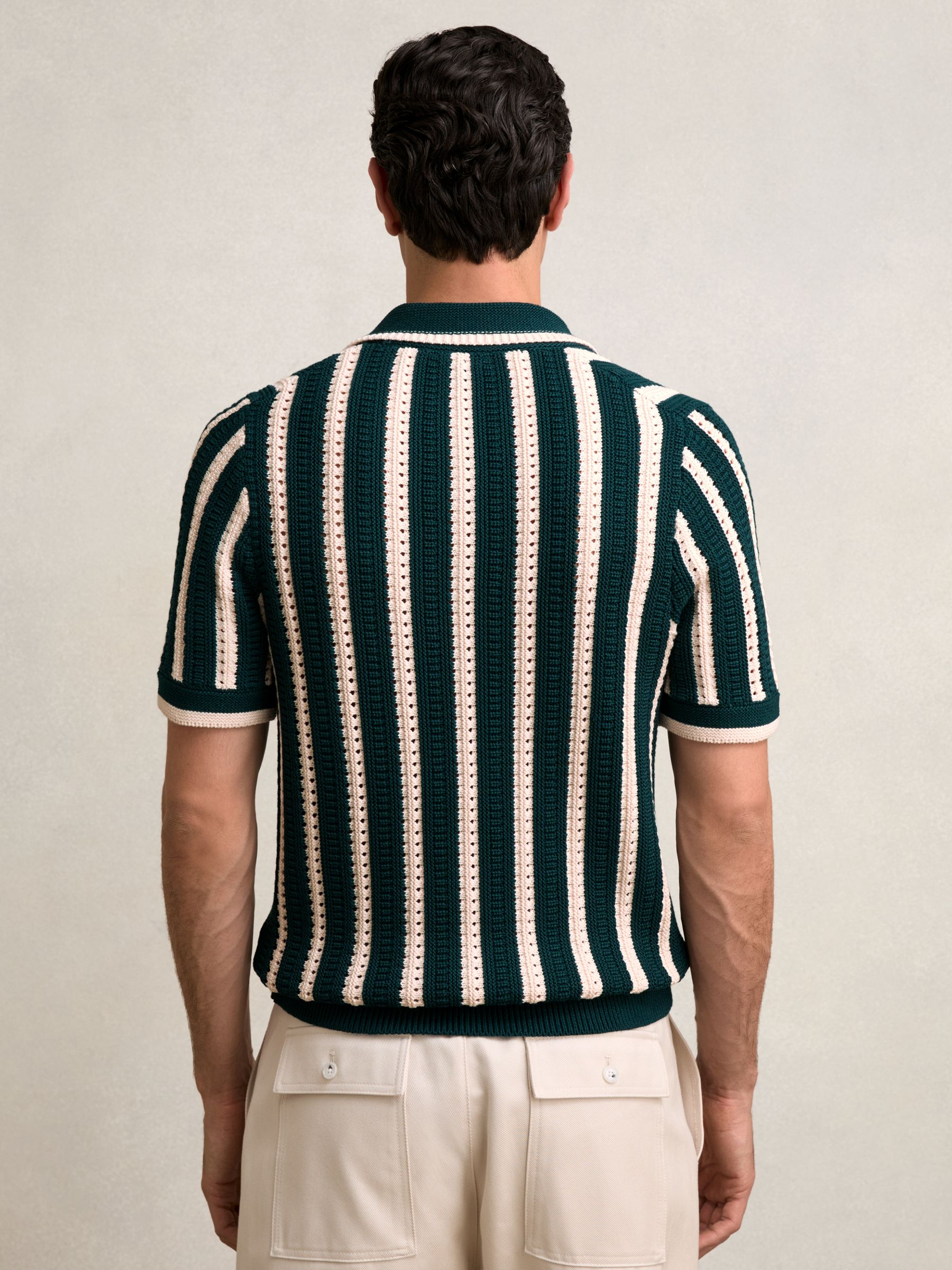 Cotton Blend Stripe Knit Polo Shirt in Dark Teal Green/Ecru - Image 4 of 5