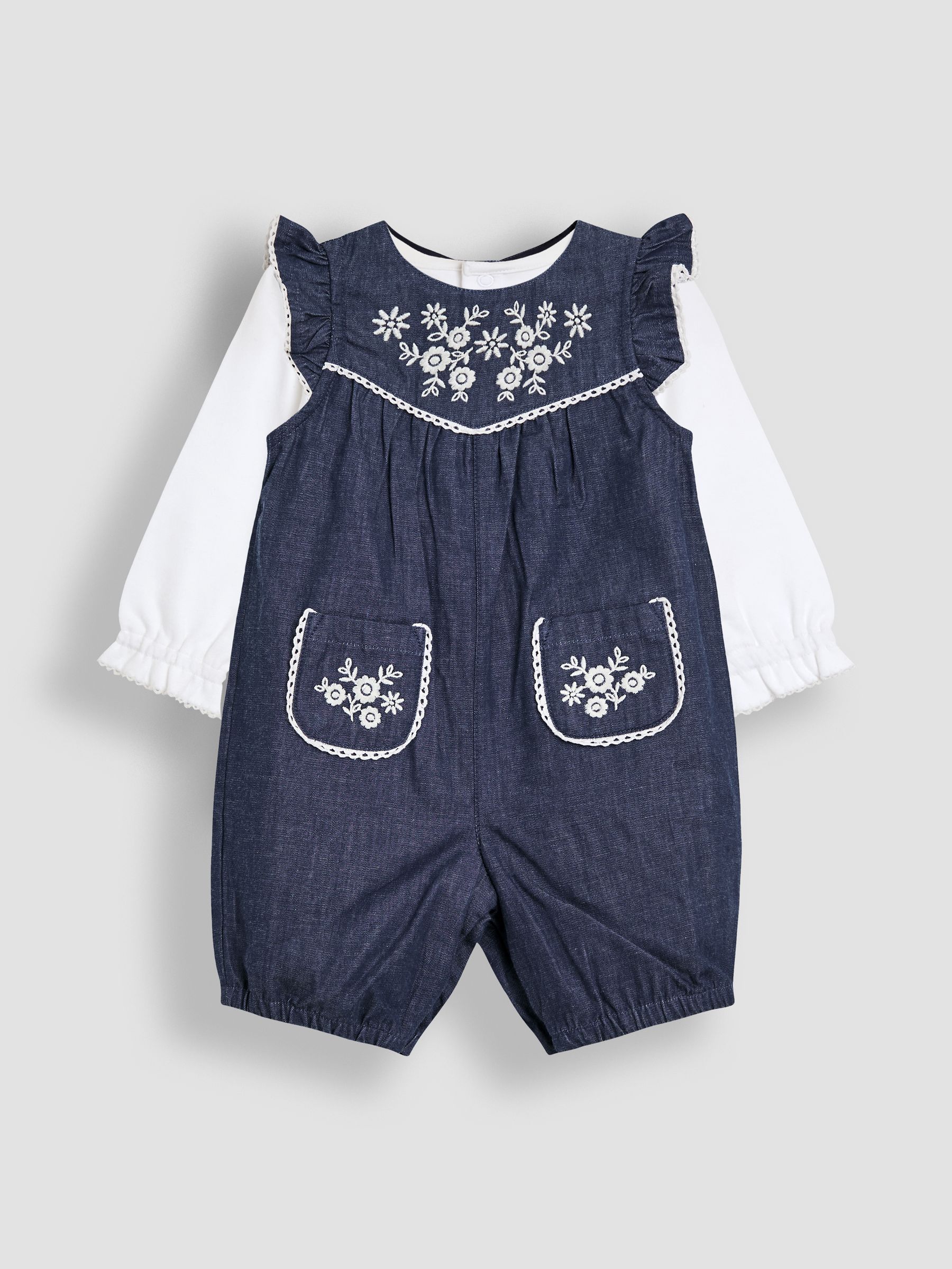 Blue Embroidered Chambray Dungarees & Top Set - Image 1 of 7