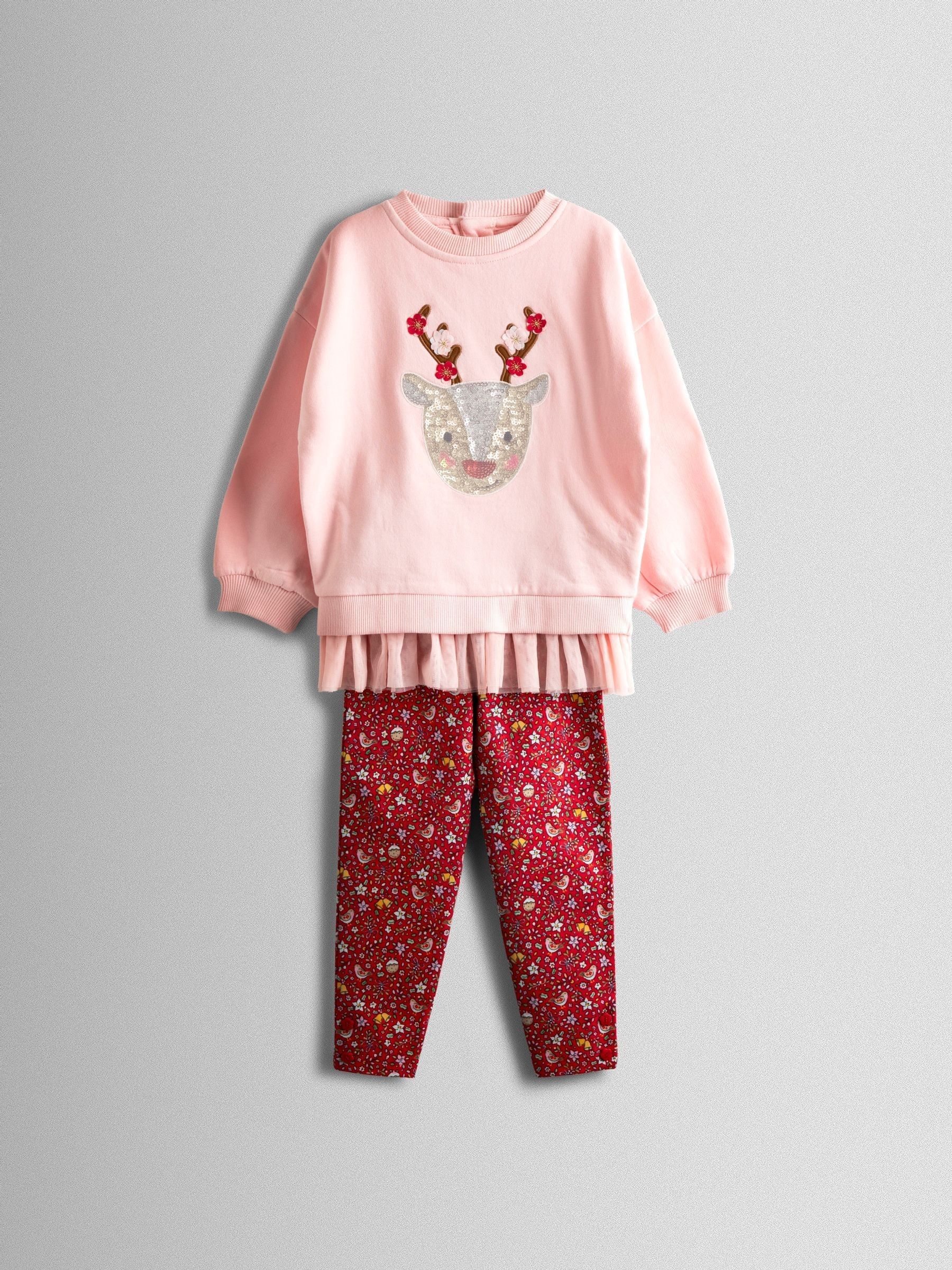 Pink Reindeer Sequin Sweatshirt & Leggings Set - Image 1 of 8