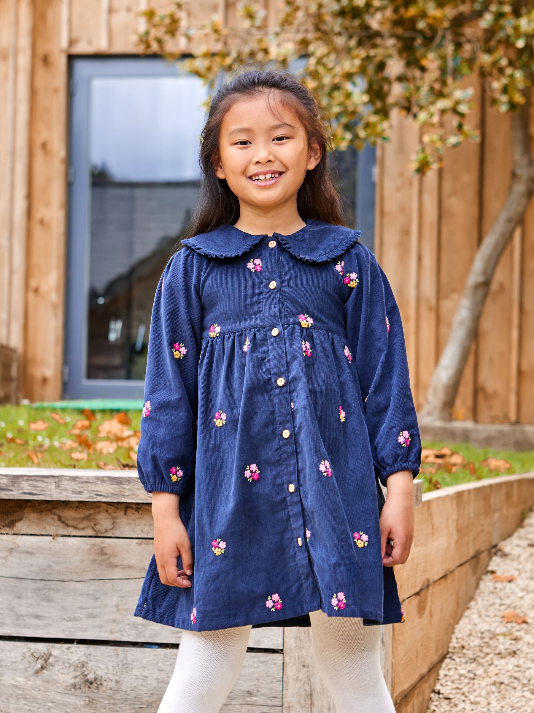 Navy Blue Floral Embroidered Collar Cord Dress | JoJo Maman Bébé