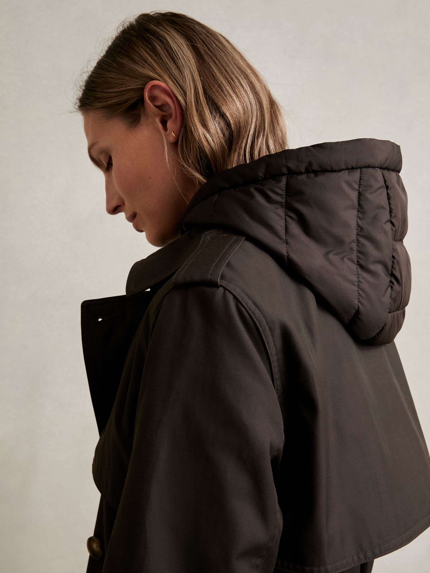 Petite Hooded Insert Trench Coat in Chocolate Brown - Image 4 of 8