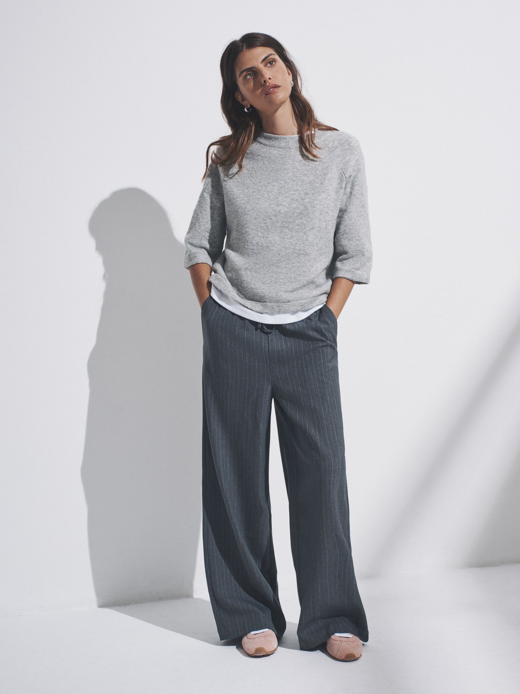 Black/Dark Grey - 2 Pack Pinstripe Wide Leg Pull On Trousers - Image 1 of 10