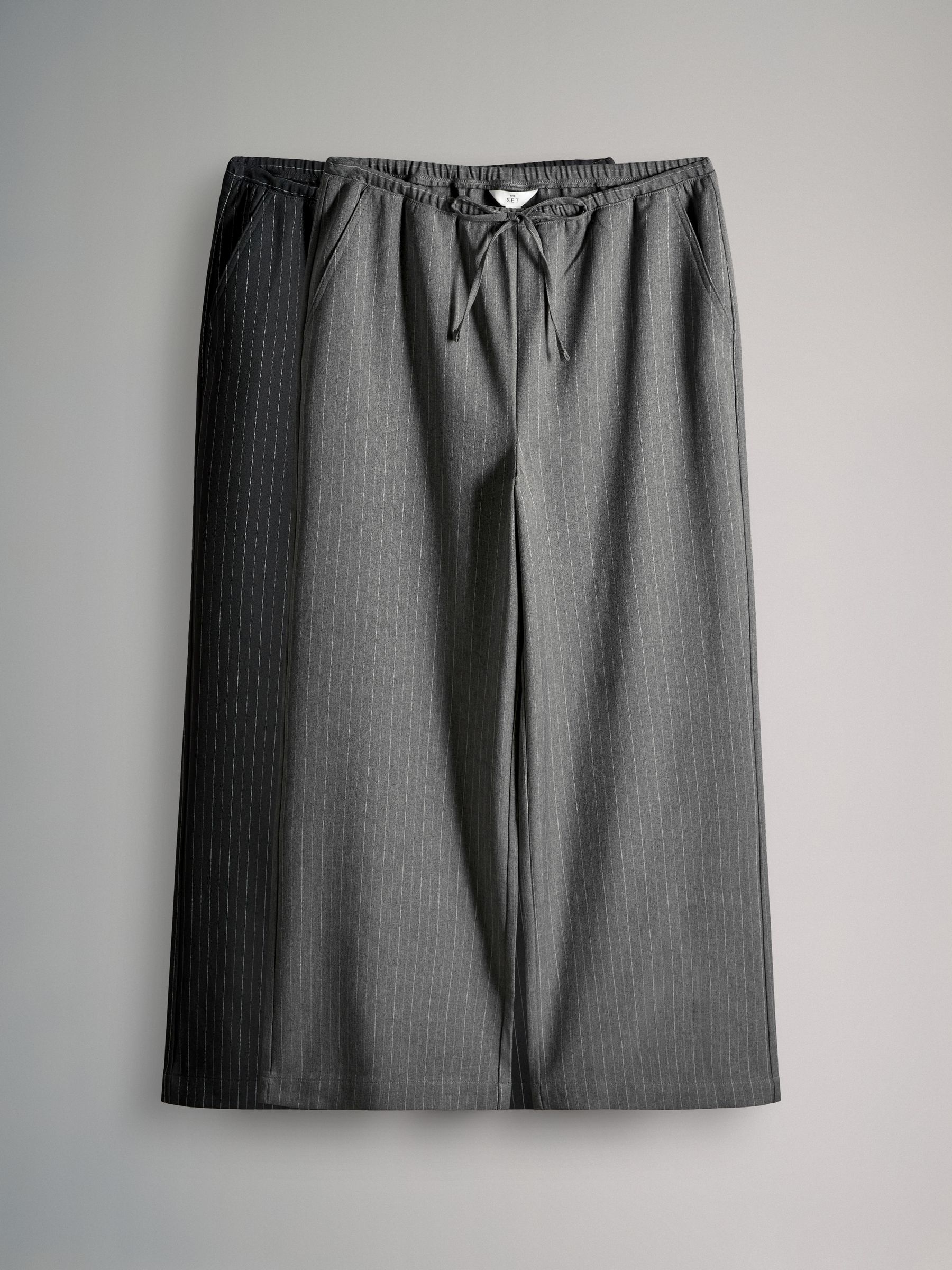 Black/Dark Grey - 2 Pack Pinstripe Wide Leg Pull On Trousers - Image 2 of 10